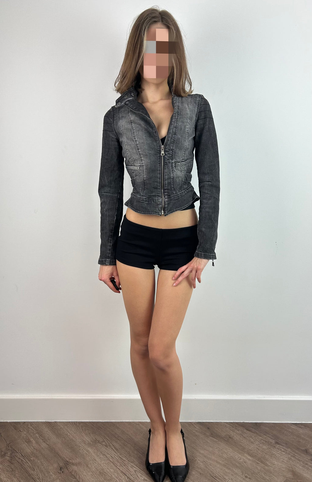 Grey Fitted Moto Denim Jacket