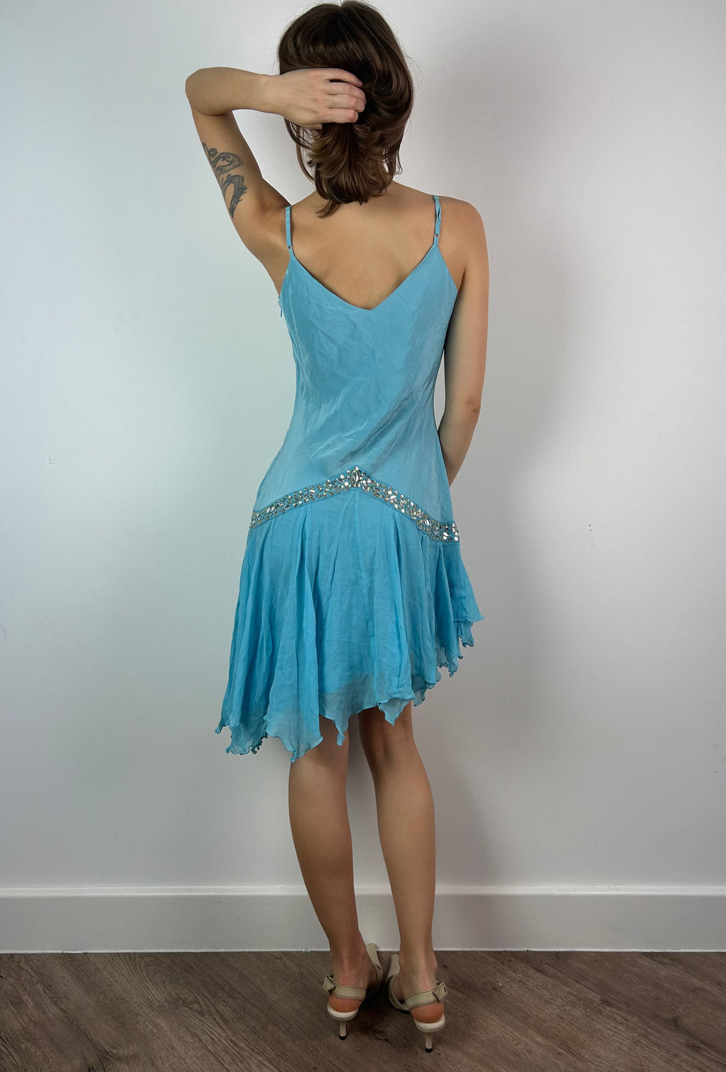 Blue 100% Silk Asymmetric Midi Dress