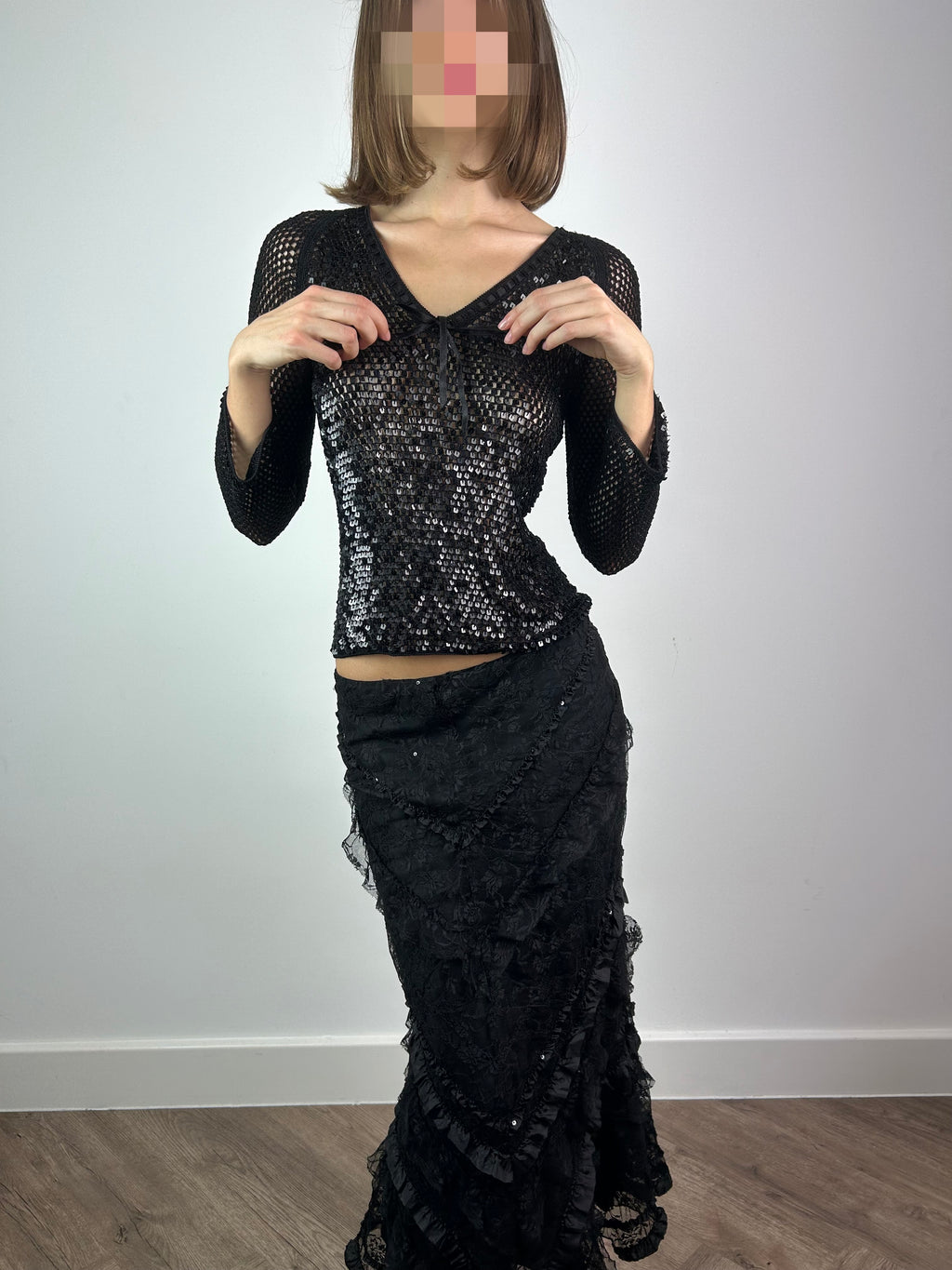 Black Mesh 3/4 Sleeve Top with Sequins