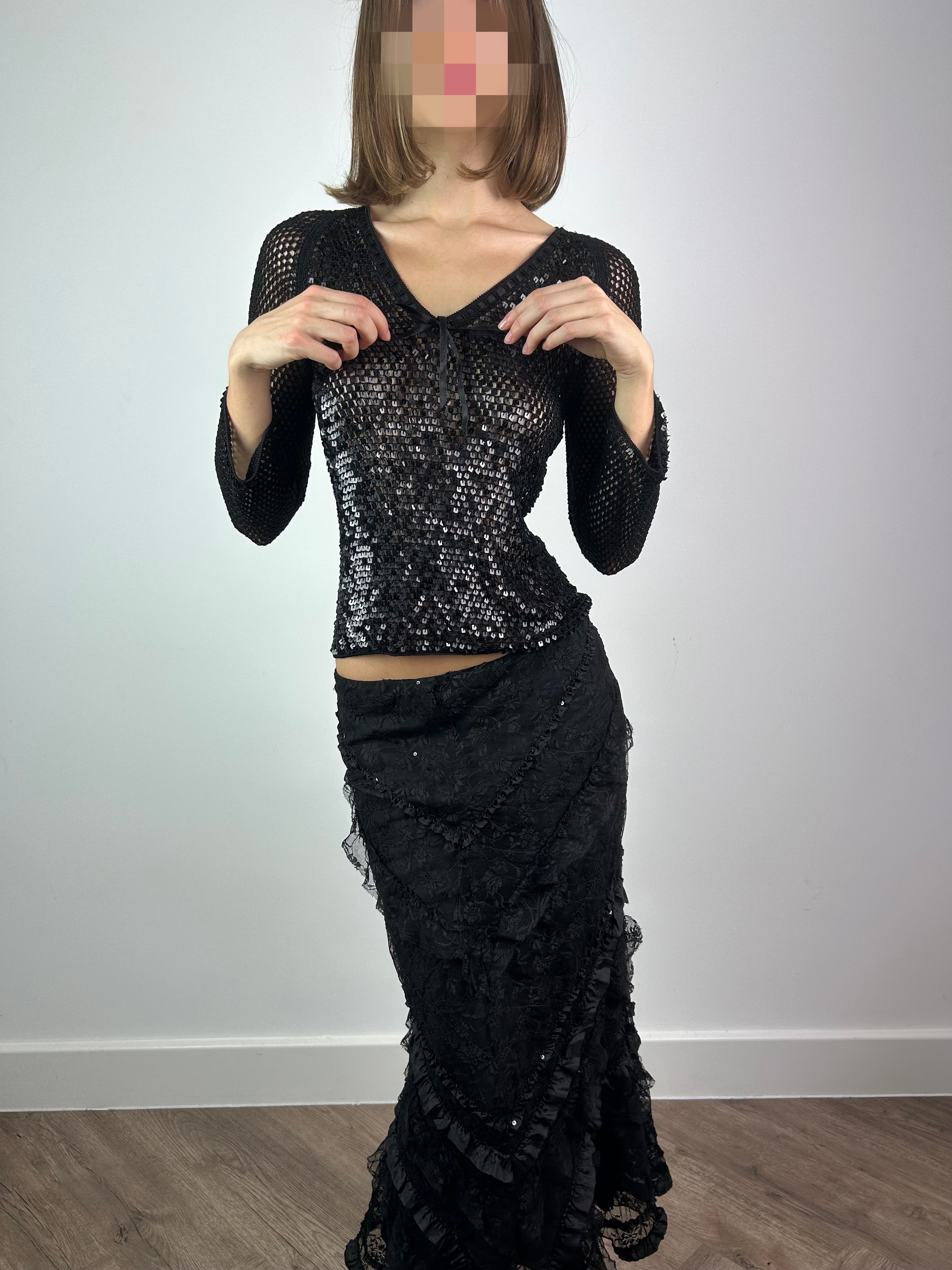 Black Mesh 3/4 Sleeve Top with Sequins