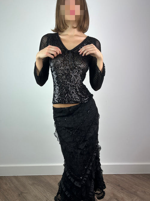 Black Mesh 3/4 Sleeve Top with Sequins