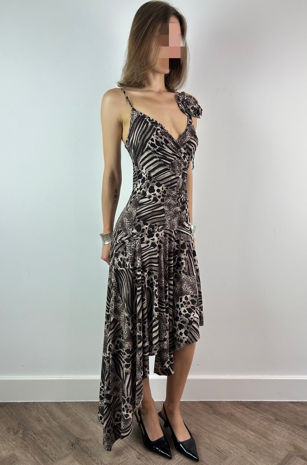 Animal Print Sparkly Asymmetrical Midi Dress with Brooch