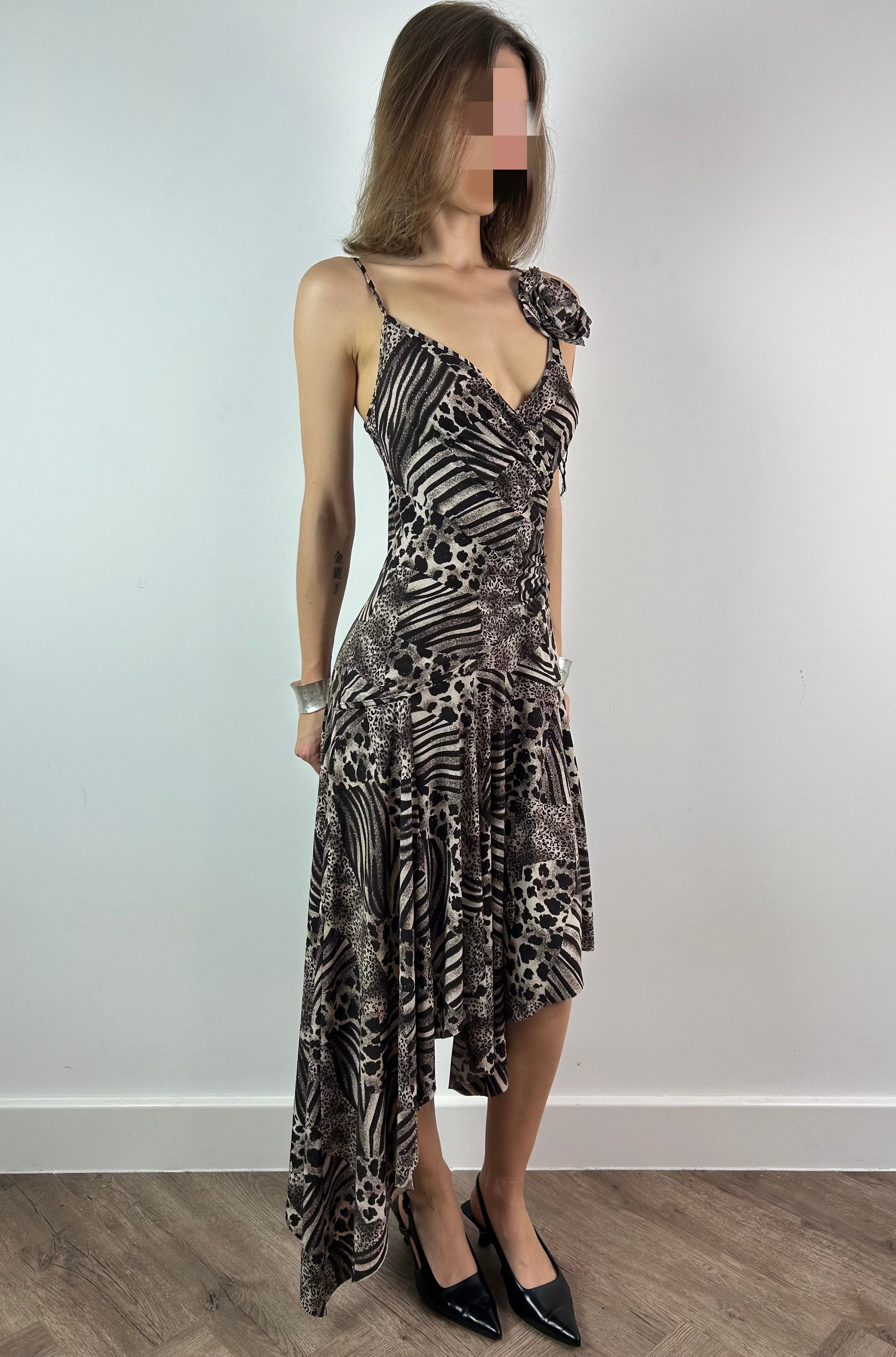 Animal Print Sparkly Asymmetrical Midi Dress with Brooch