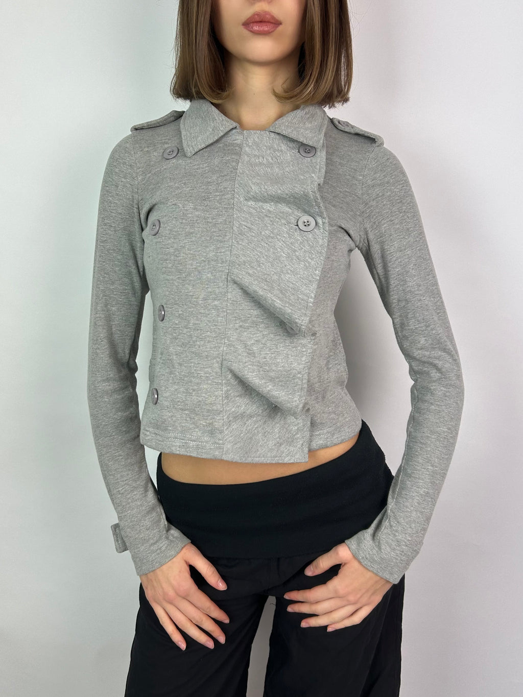 Grey Double Breasted Jacket with Asymmetrical Ruffles