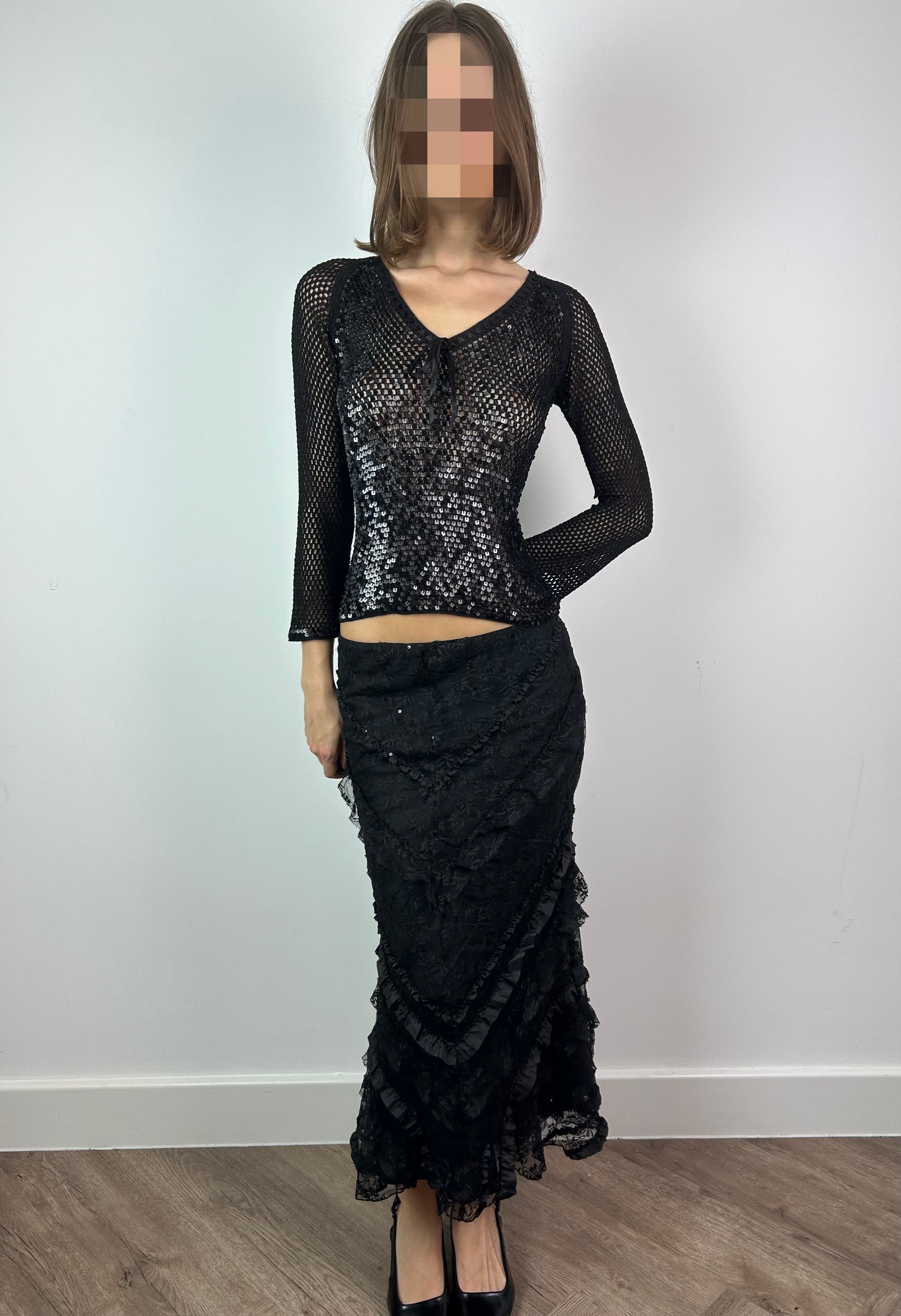 Black Mesh 3/4 Sleeve Top with Sequins