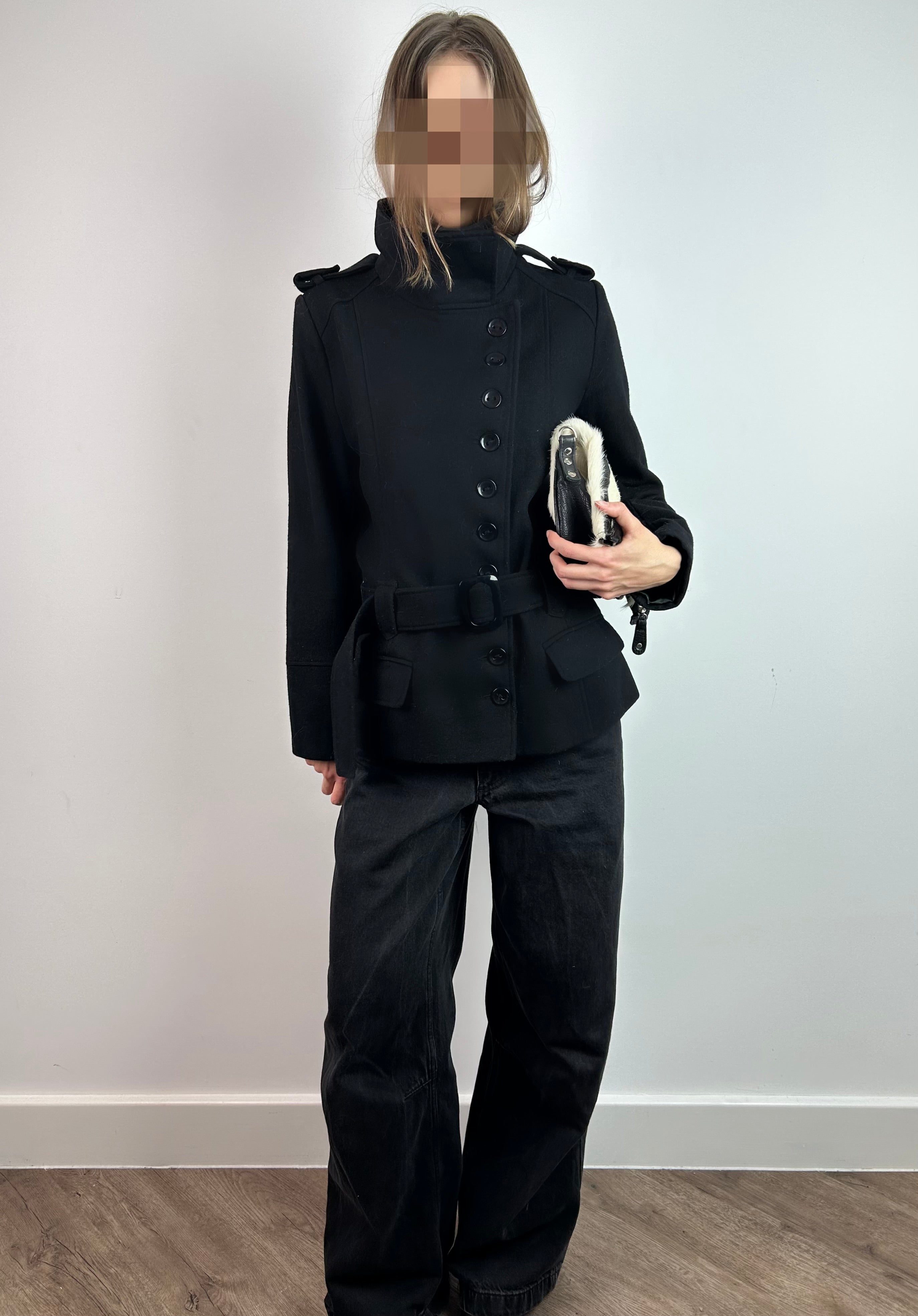 Black Wool Asymmetric Military Coat