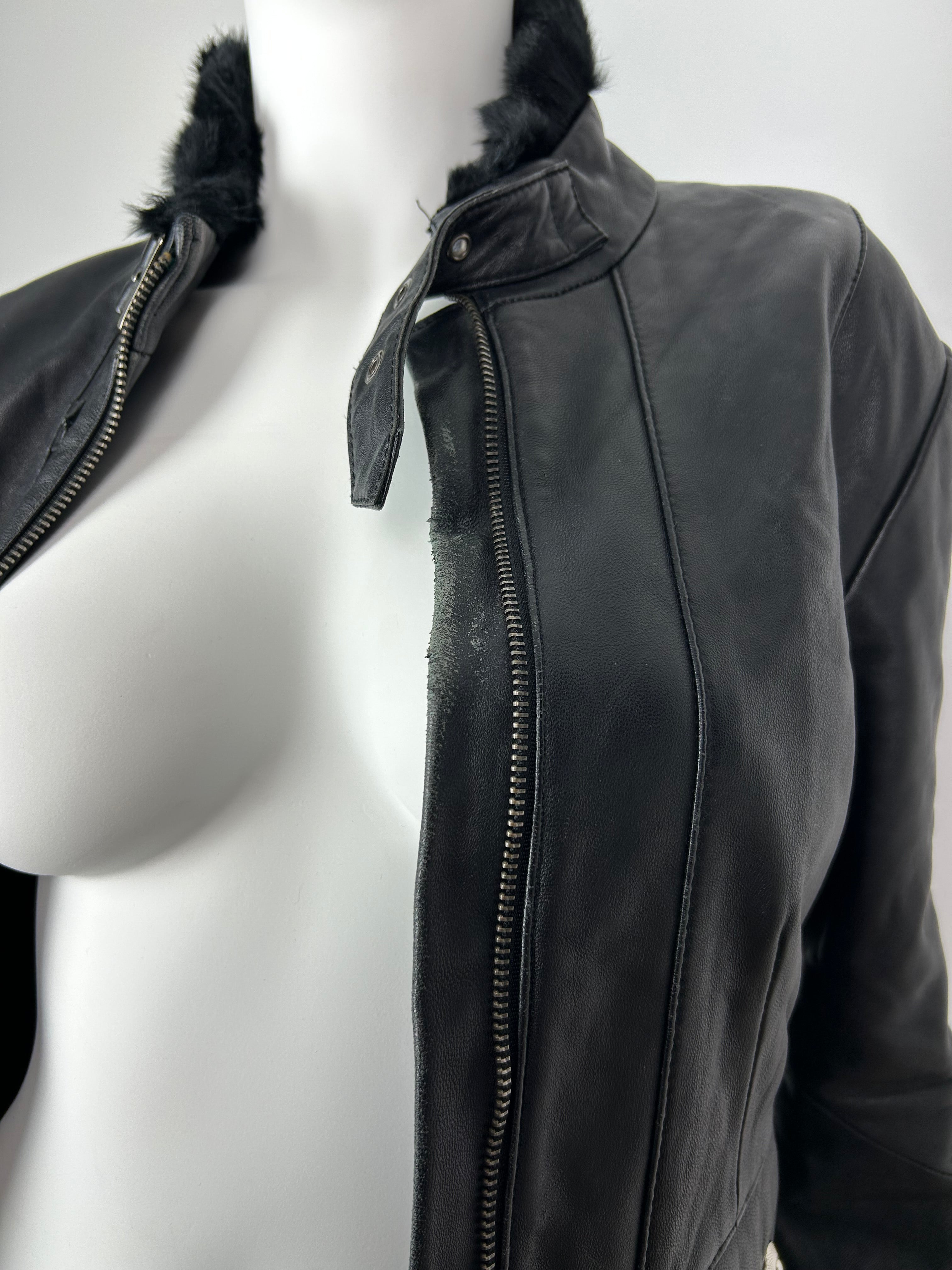 Black Real Leather Biker Jacket with Real Fur Details