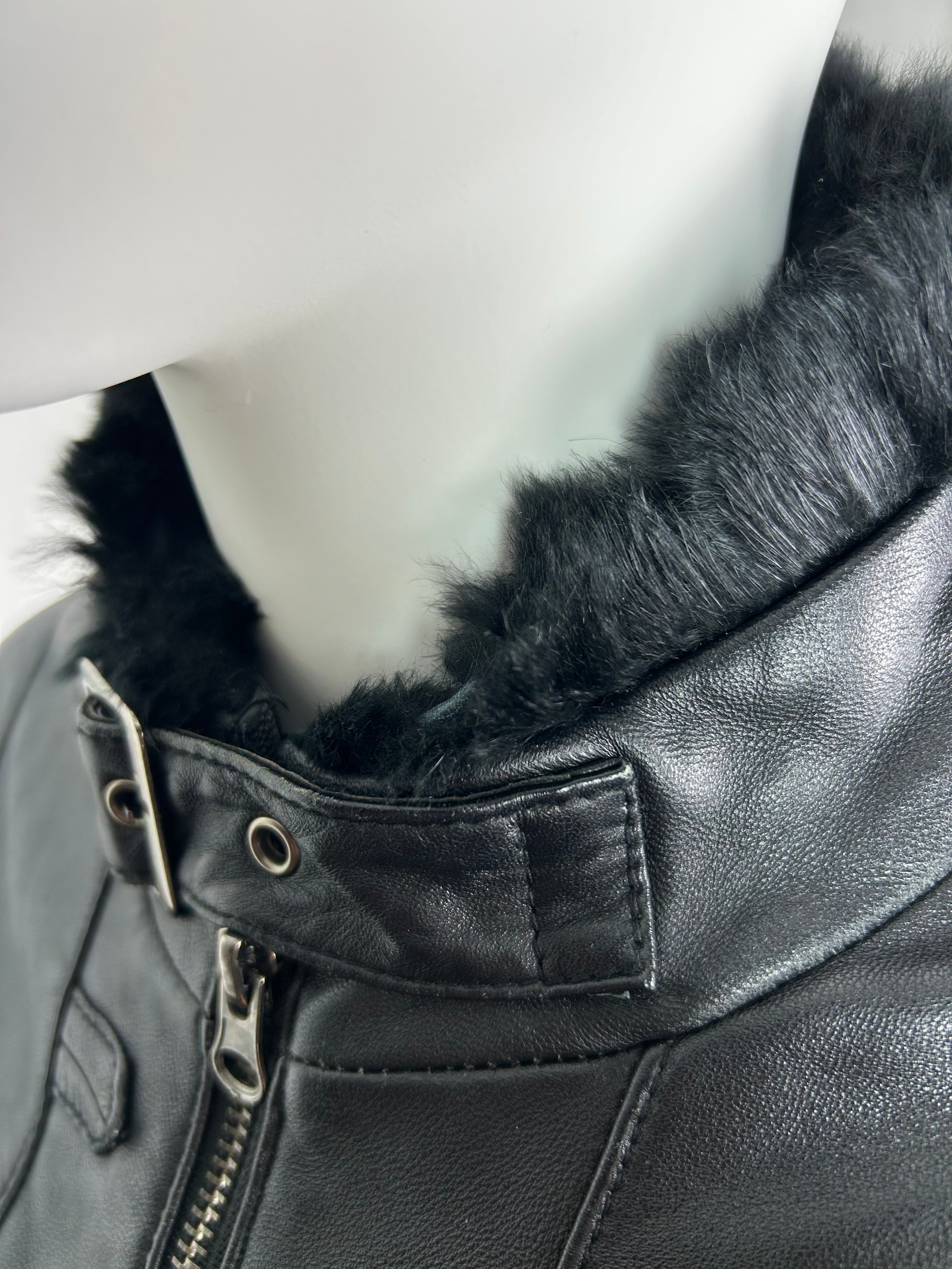 Black Real Leather Biker Jacket with Real Fur Details