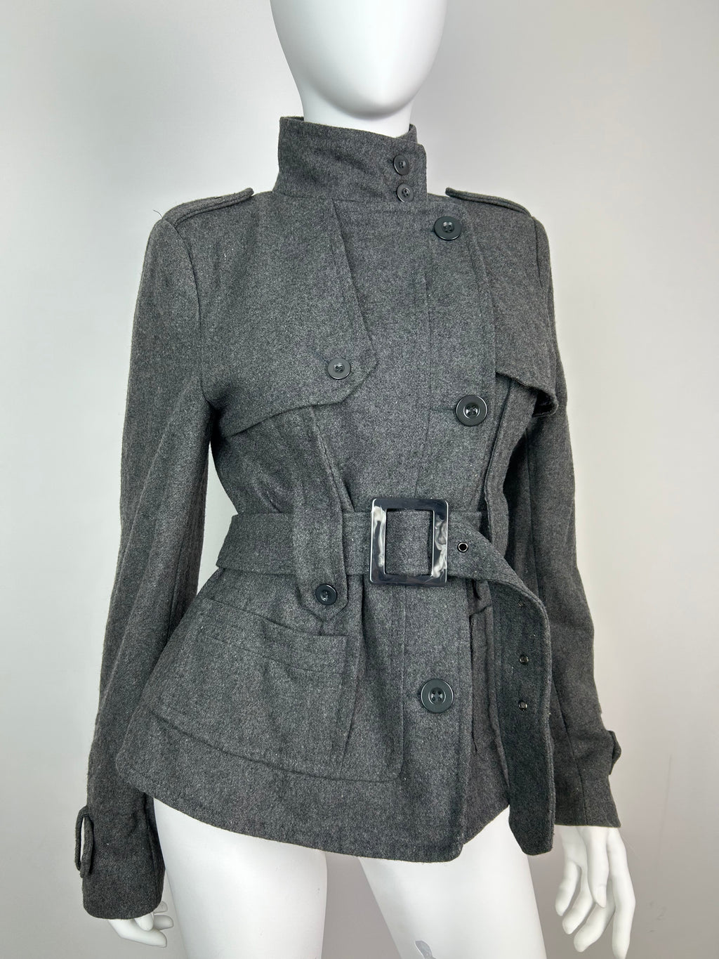 Wool Blend Military Coat with Belt