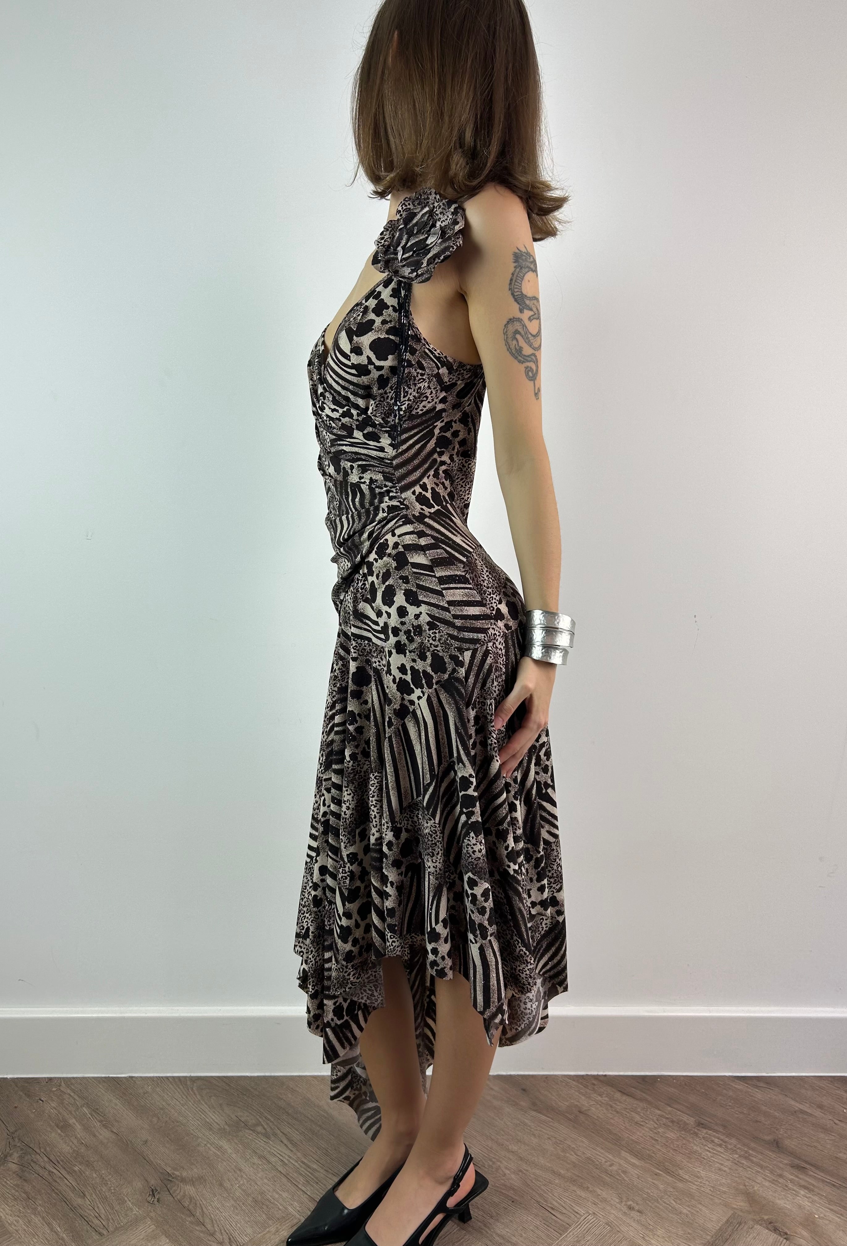 Animal Print Sparkly Asymmetrical Midi Dress with Brooch