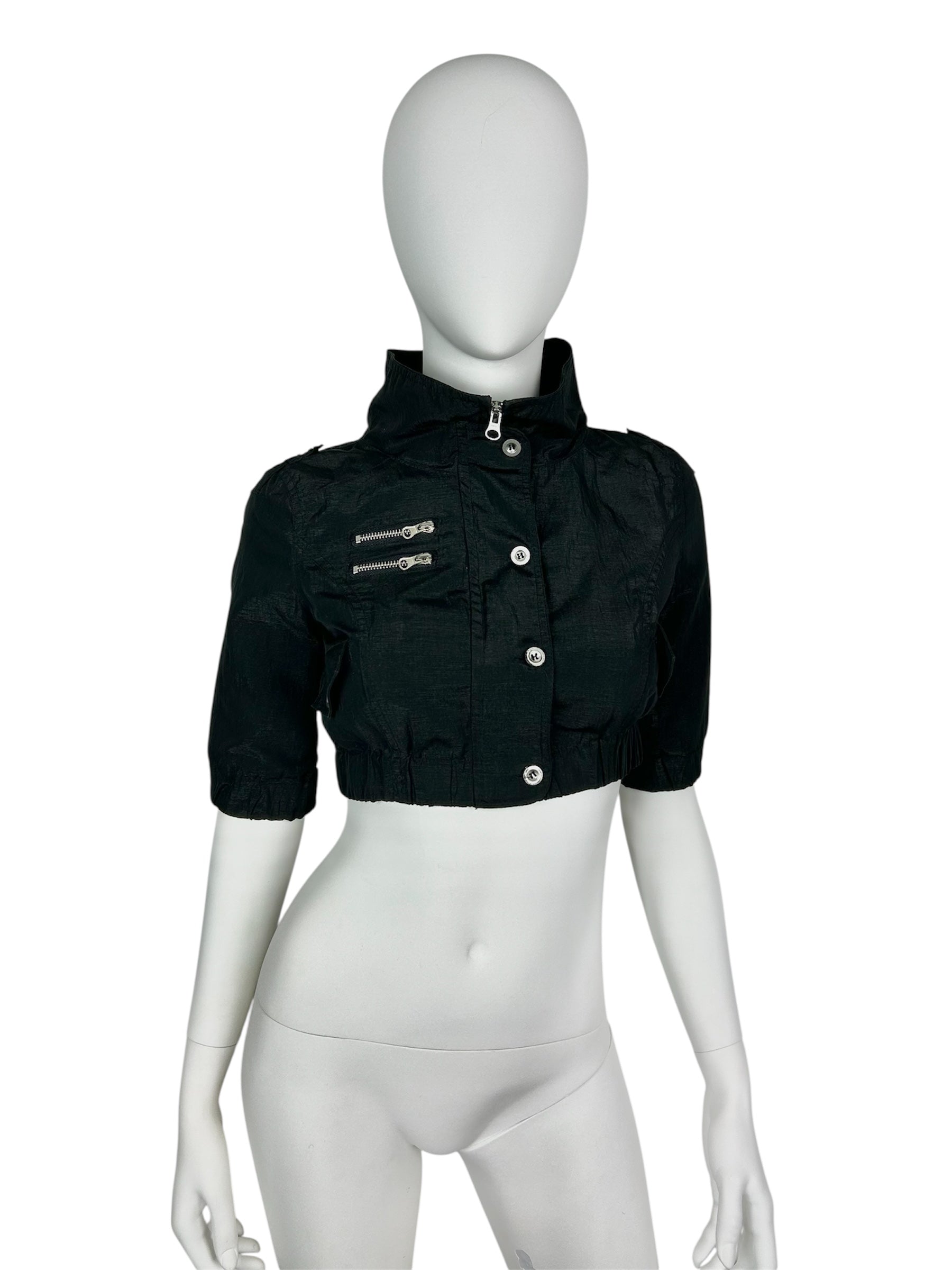 Cropped Straight Collar Zip Up Jacket with 3/4 Sleeve and Metal Details