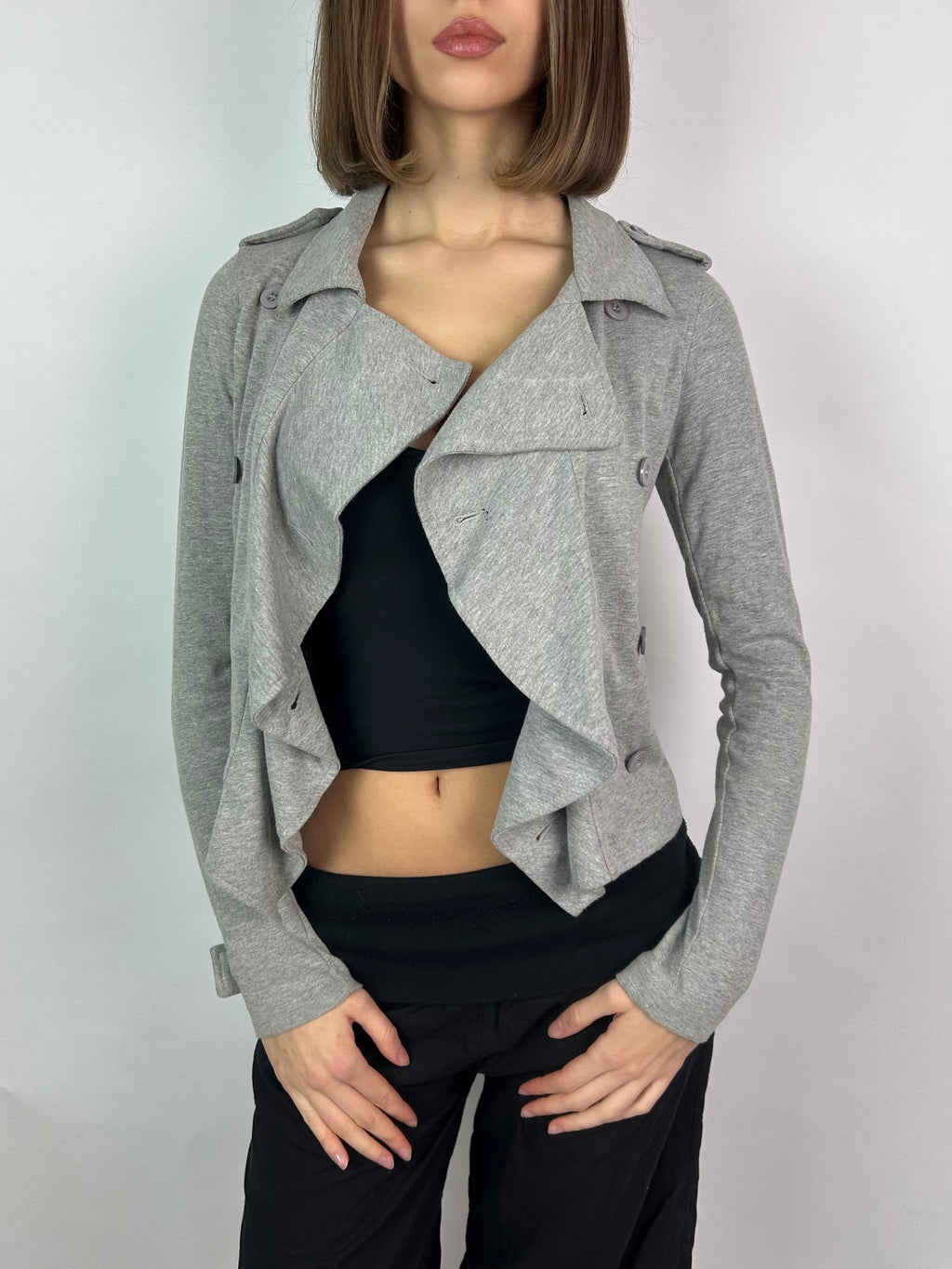 Grey Double Breasted Jacket with Asymmetrical Ruffles