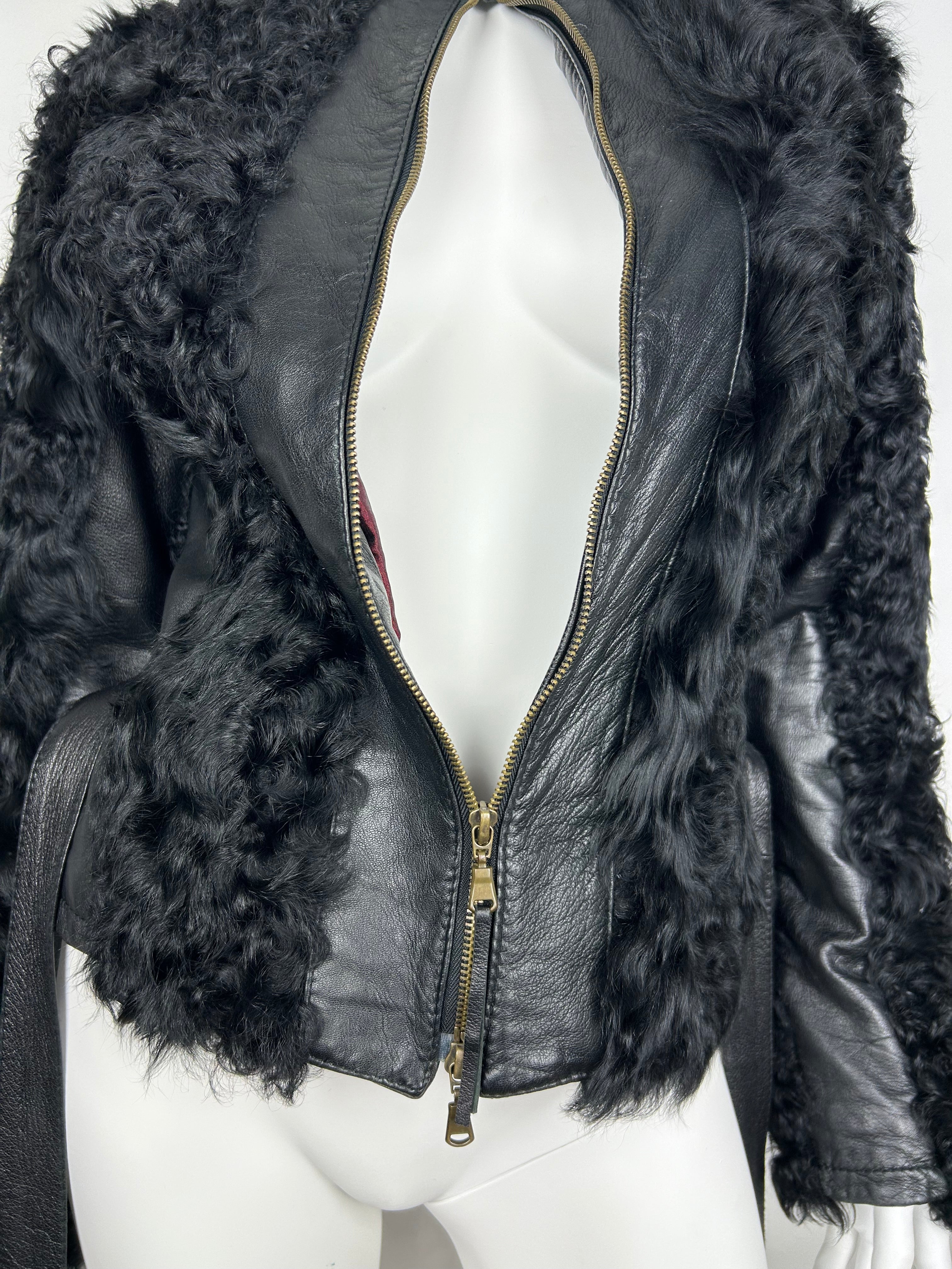 Real Leather Moto Jacket with Real Fur and Belt Details