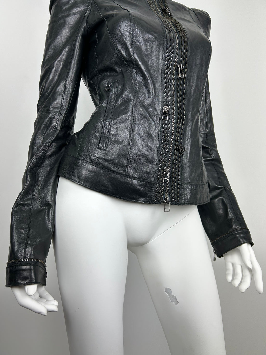 Real Leather Fitted Jacket with Decorative Zippers