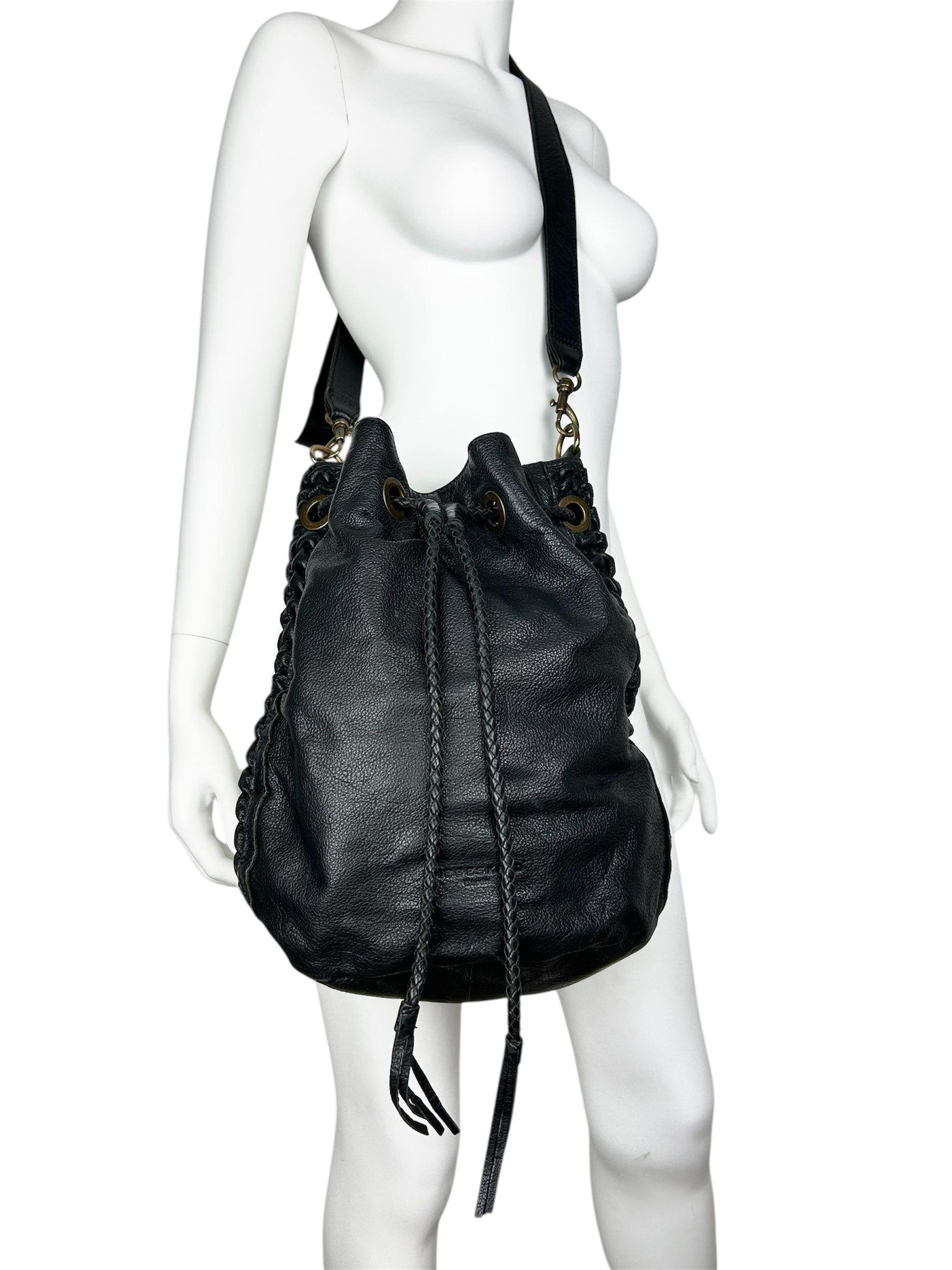Real Leather Structured Drawstring Bag