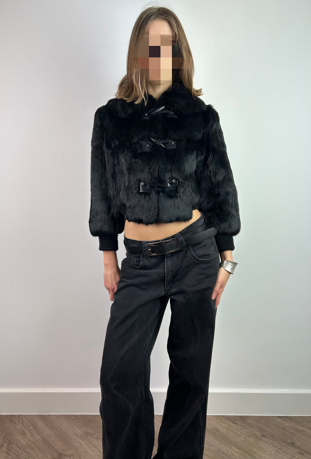 Black Real Fur Cropped Jacket with 3/4 Sleeves