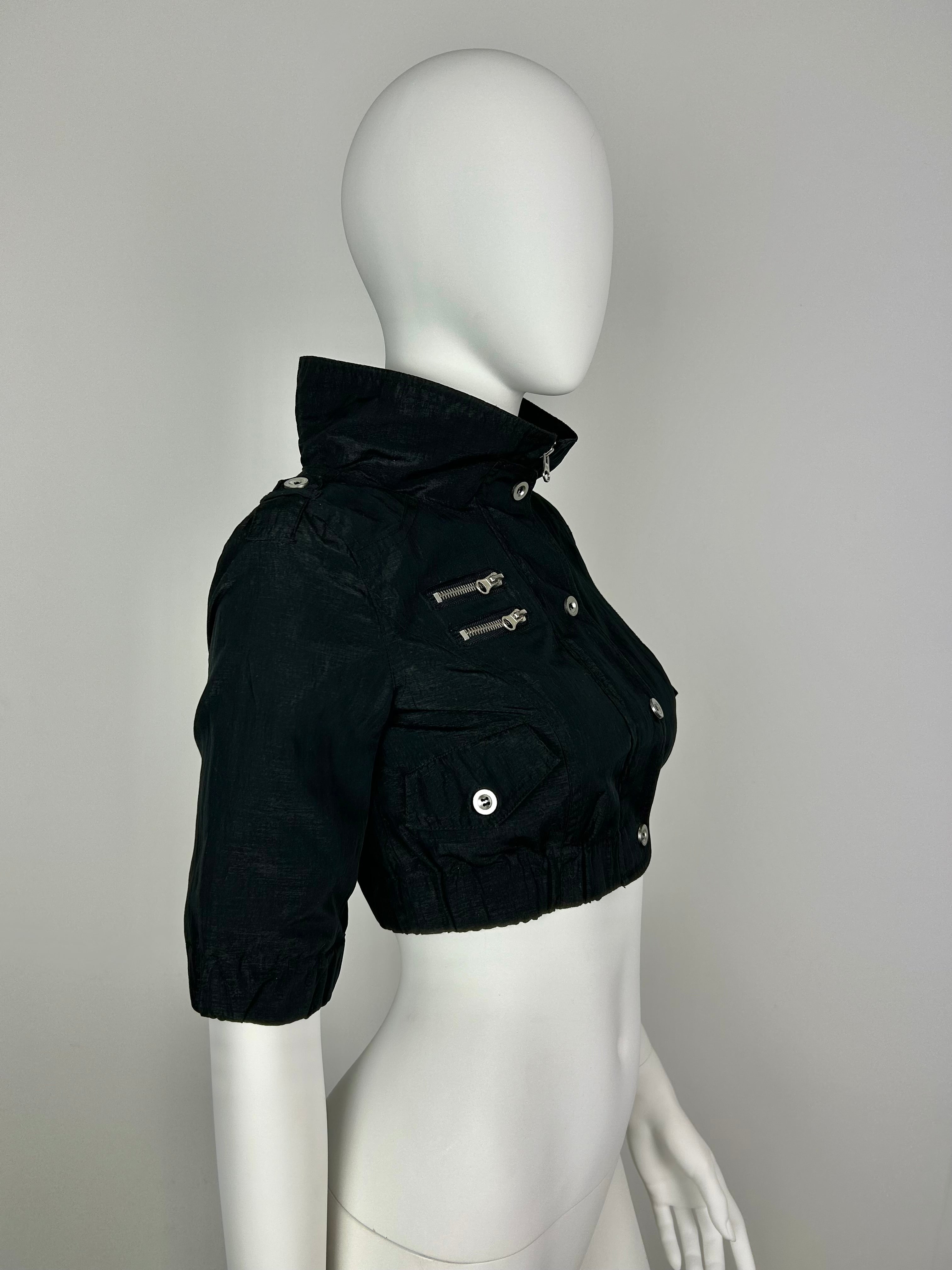 Cropped Straight Collar Zip Up Jacket with 3/4 Sleeve and Metal Details