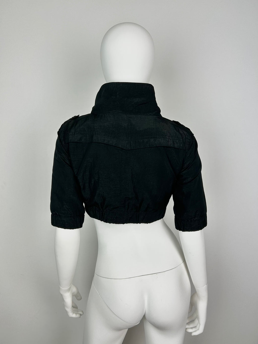 Cropped Straight Collar Zip Up Jacket with 3/4 Sleeve and Metal Details