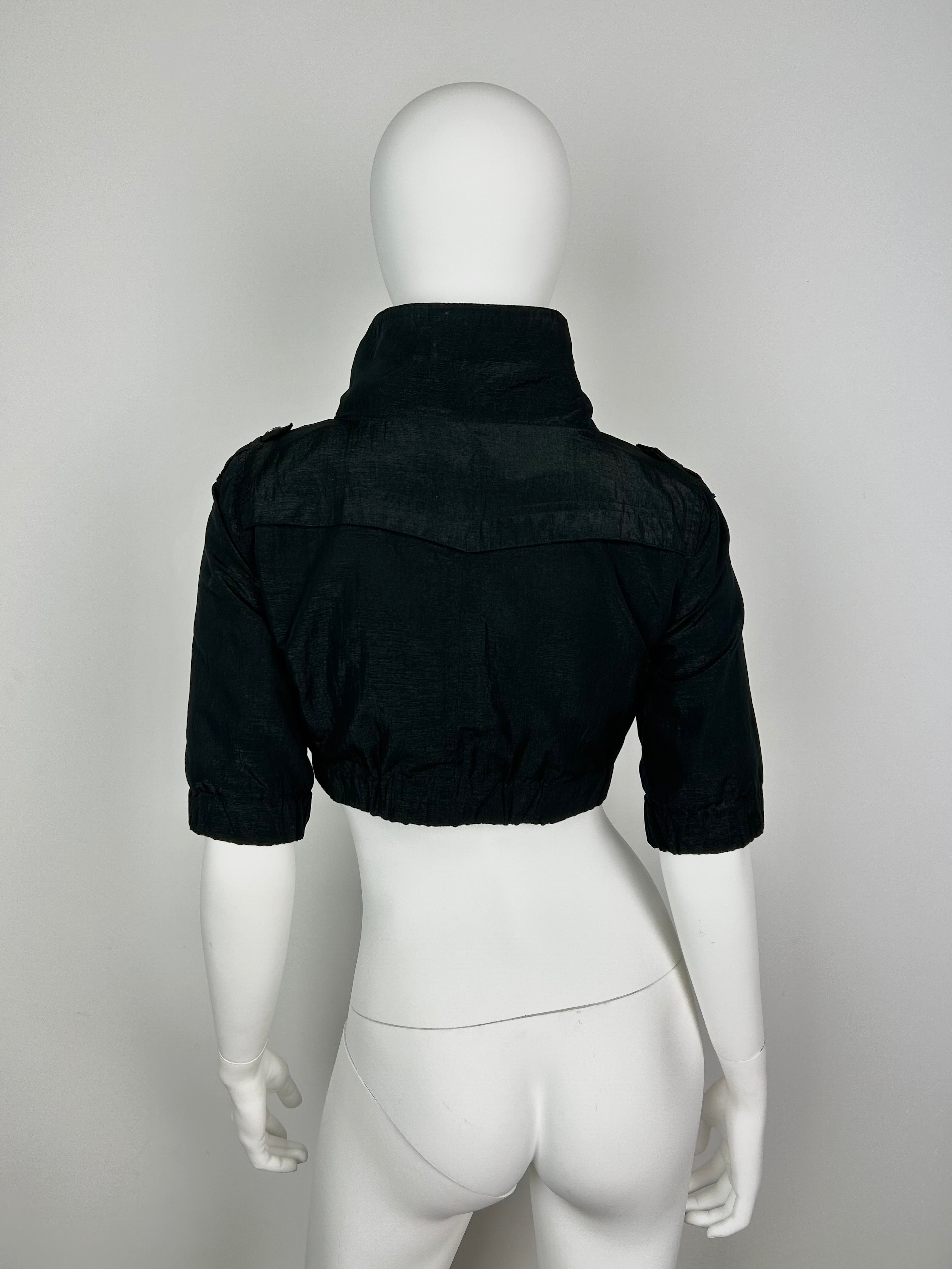 Cropped Straight Collar Zip Up Jacket with 3/4 Sleeve and Metal Details