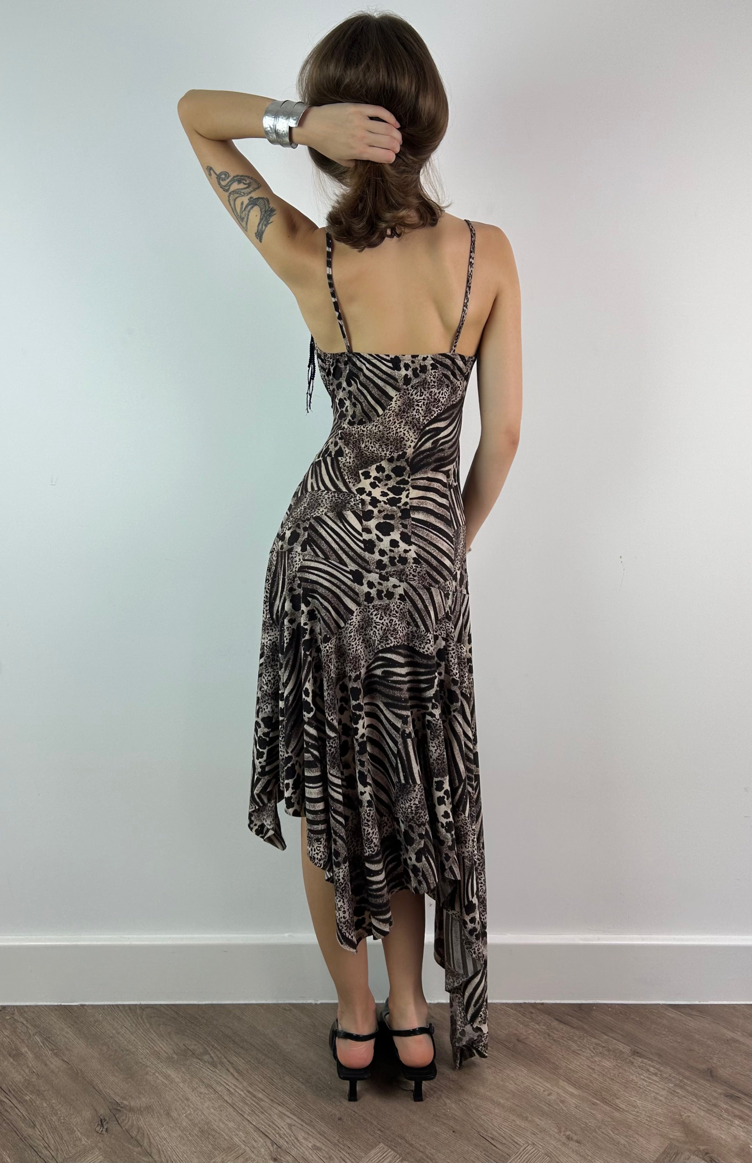 Animal Print Sparkly Asymmetrical Midi Dress with Brooch