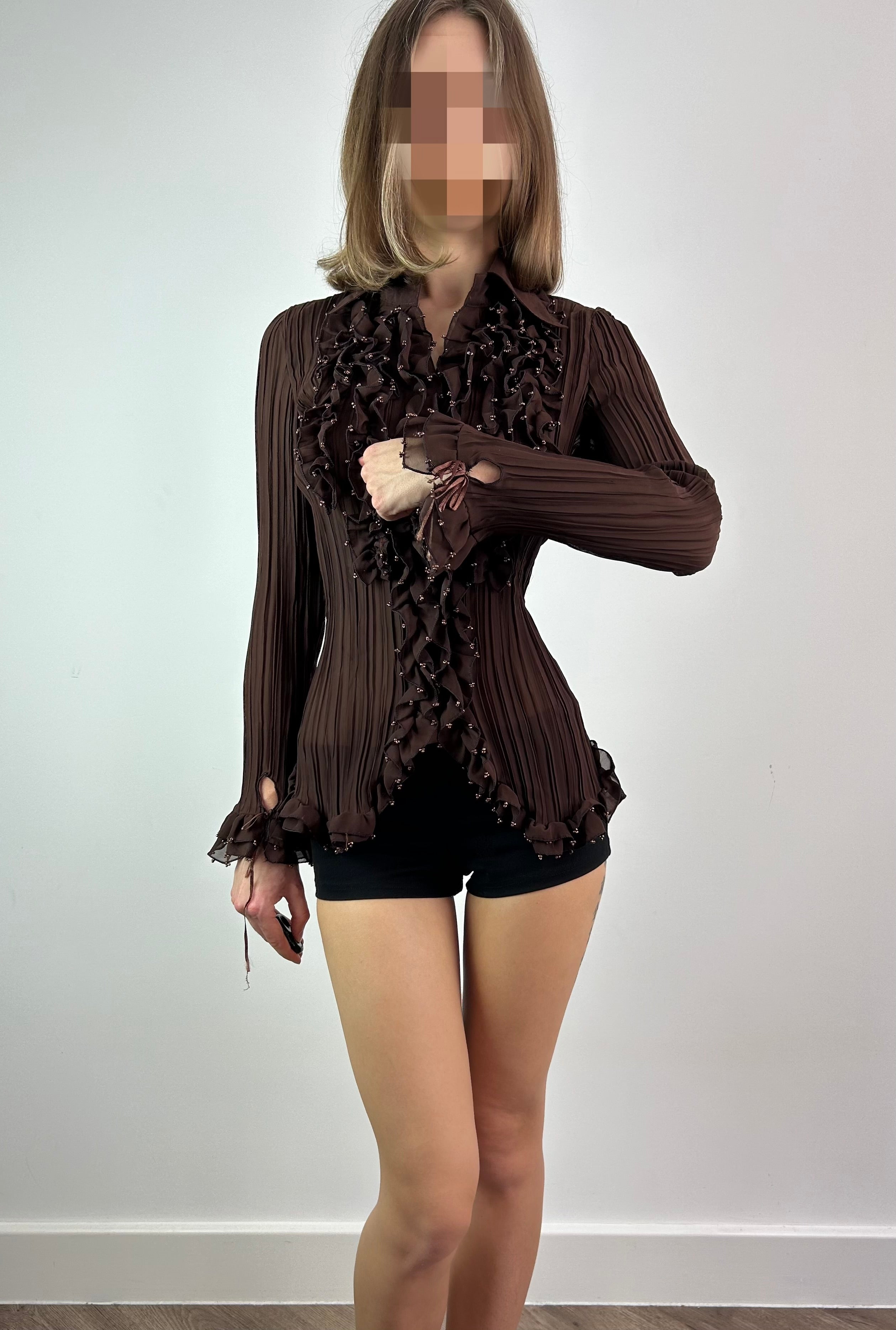 Brown Plisse Shirt with Beaded Ruffles