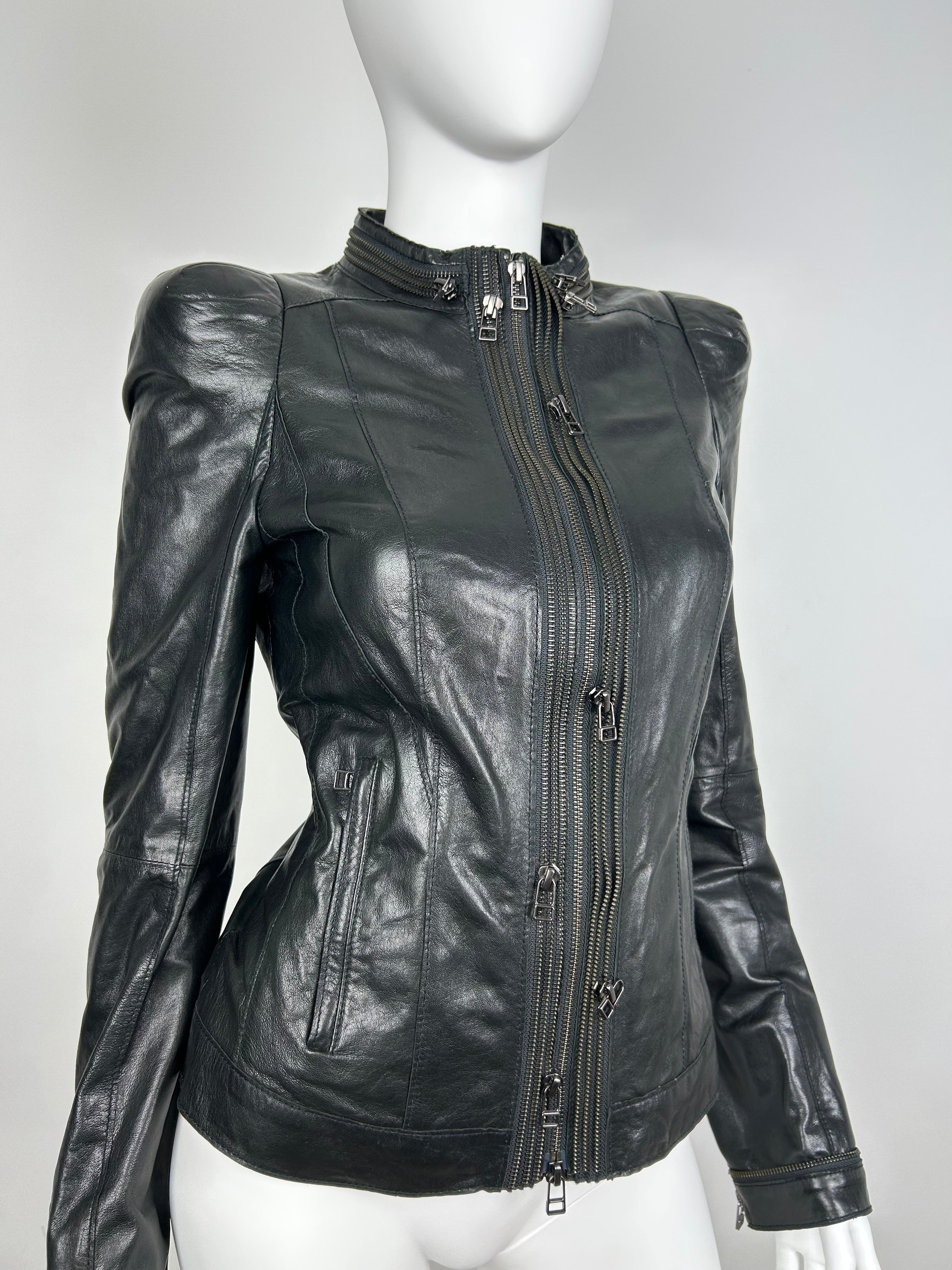 Real Leather Fitted Jacket with Decorative Zippers