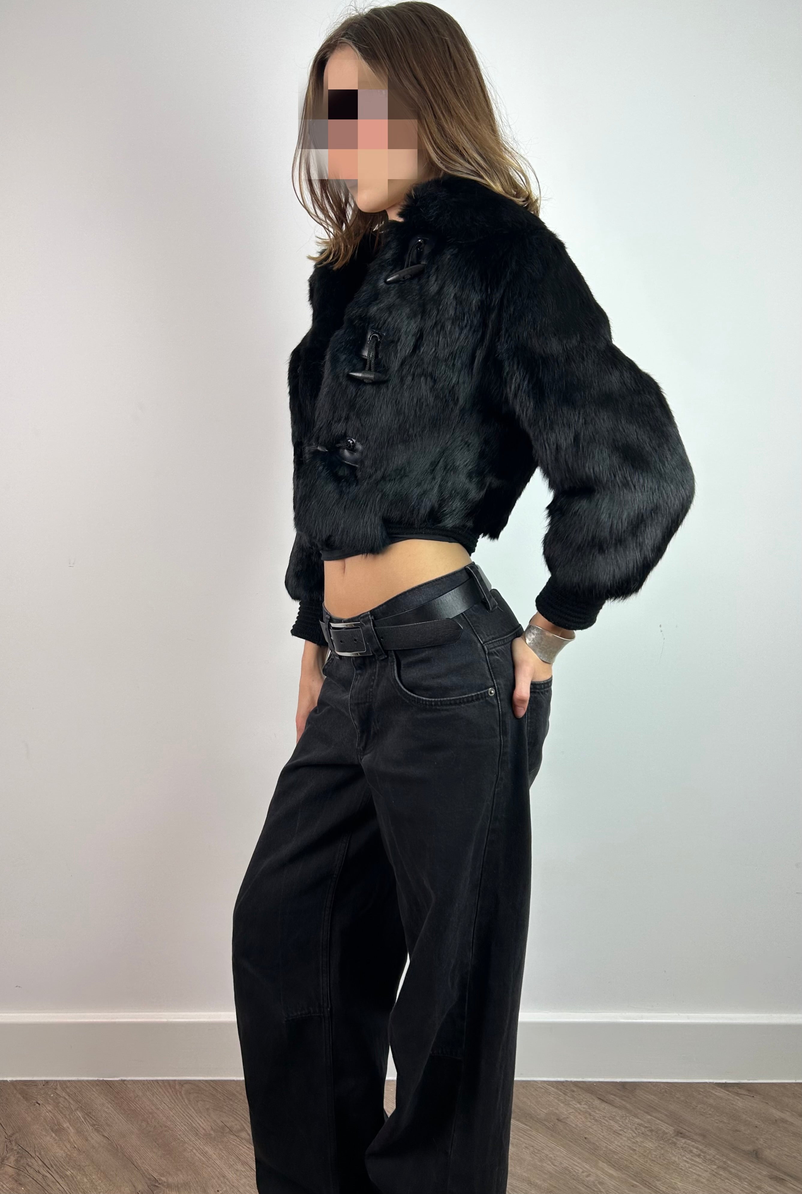 Black Real Fur Cropped Jacket with 3/4 Sleeves