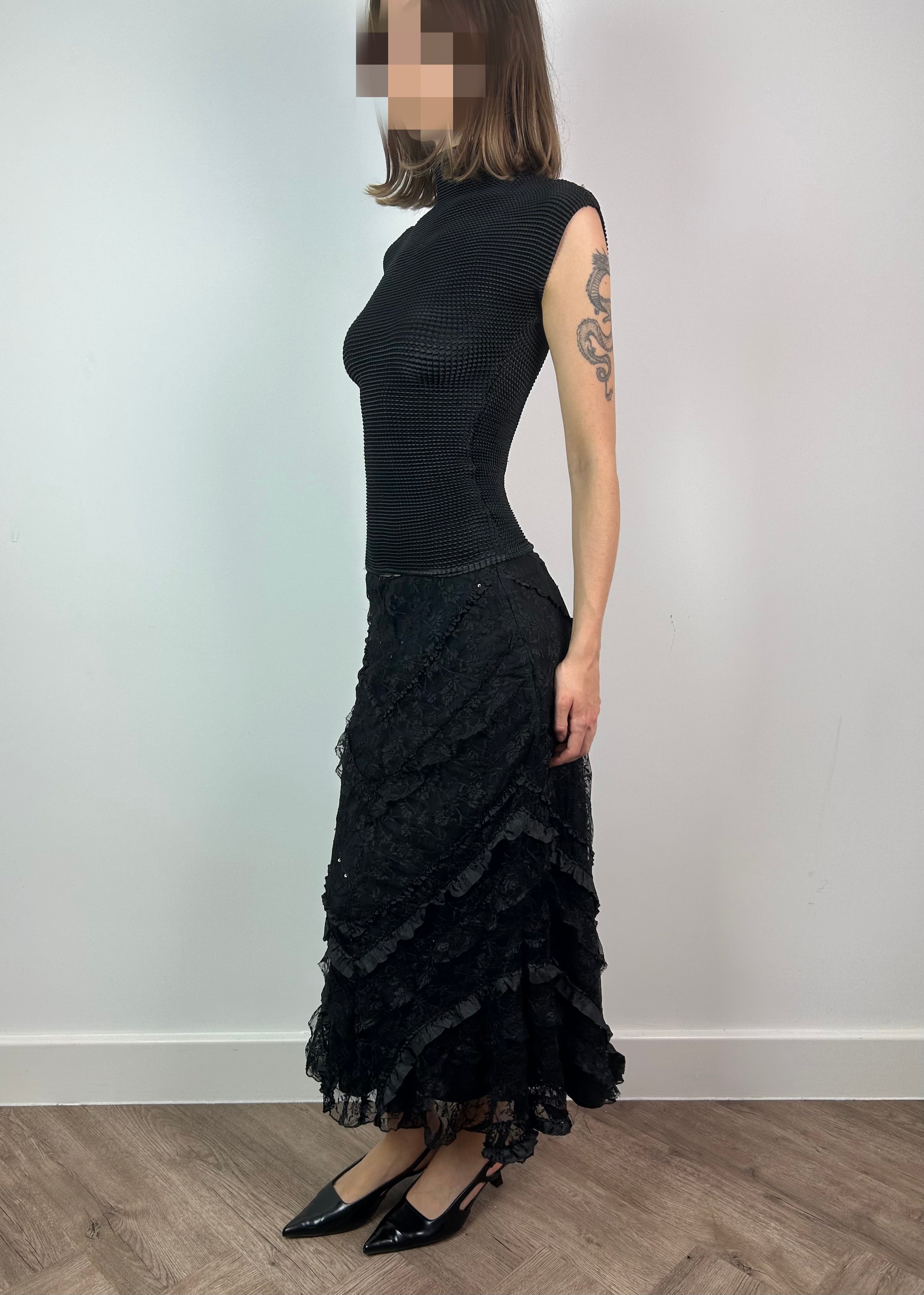 Black Lace Maxi Skirt with Sequins