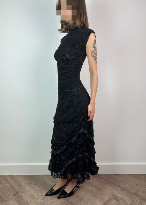 Black Lace Maxi Skirt with Sequins