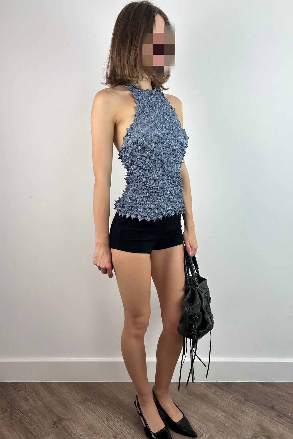 Blue Popcorn Fabric Halter Neck Top