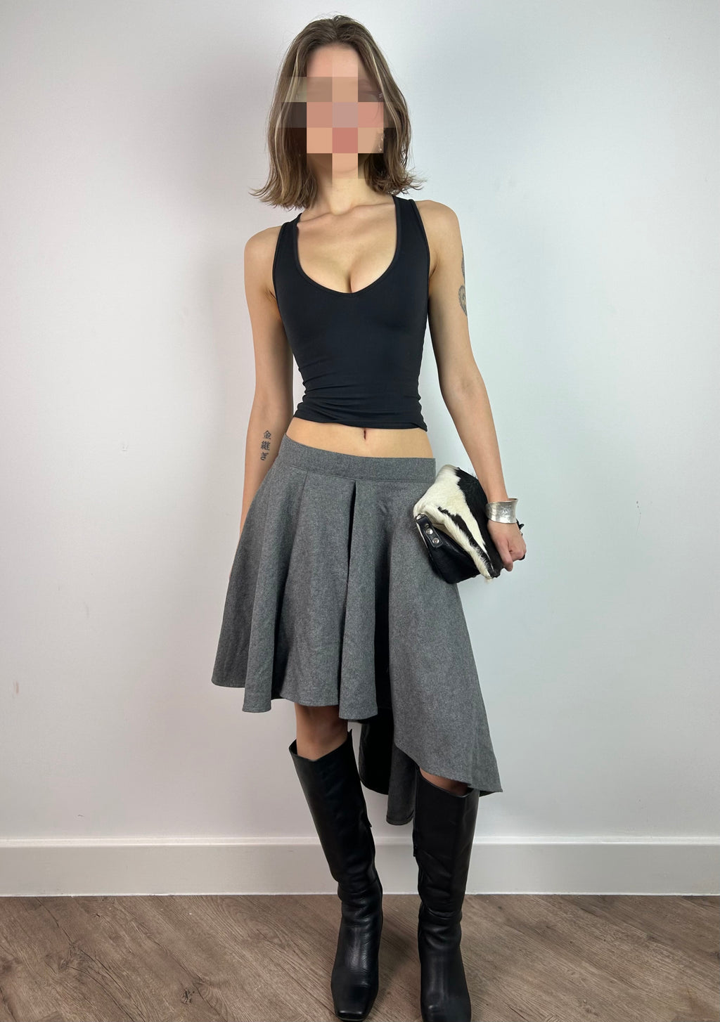 Grey Wool Asymmetrical MIDI Skirt