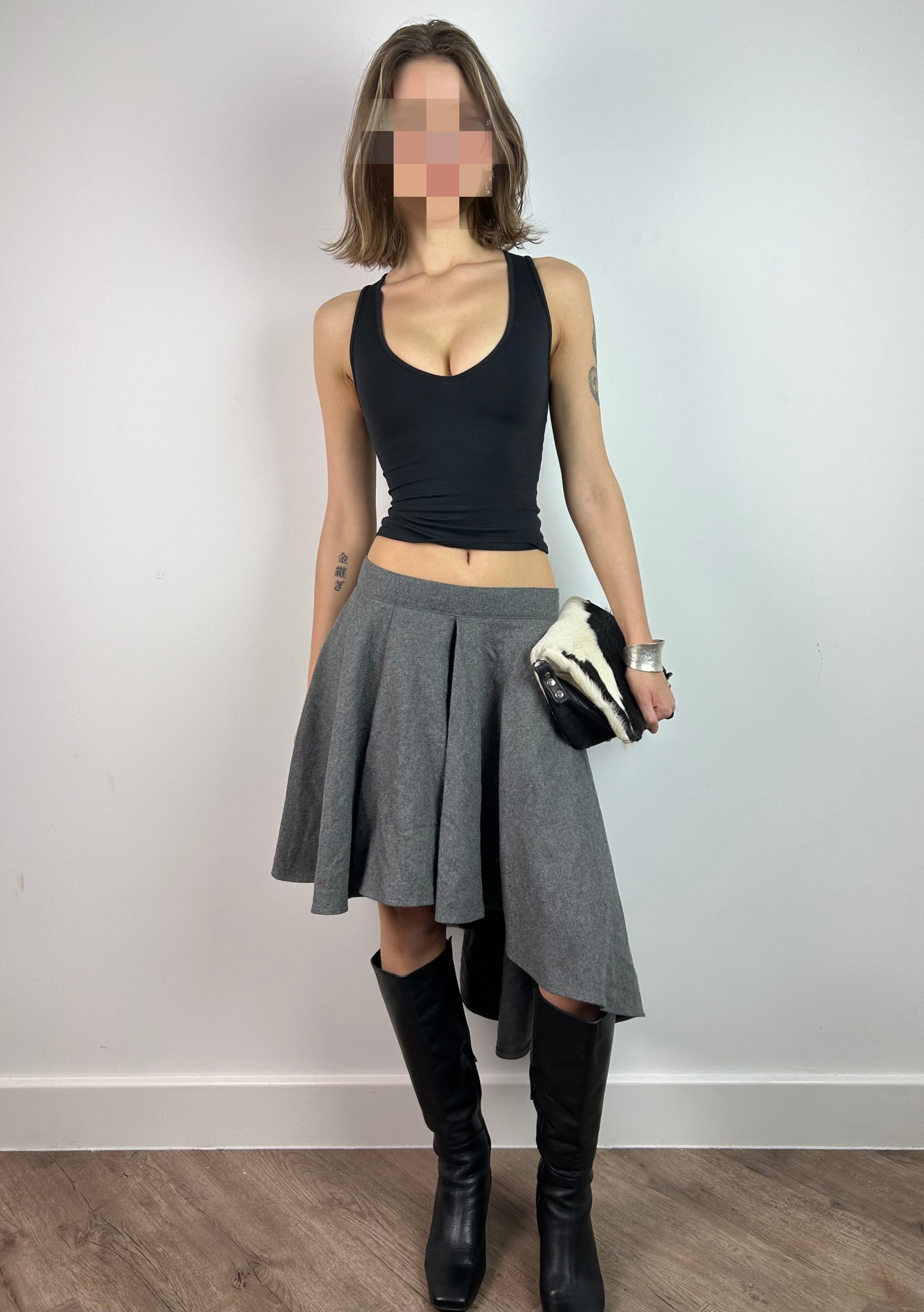 Grey Wool Asymmetrical MIDI Skirt