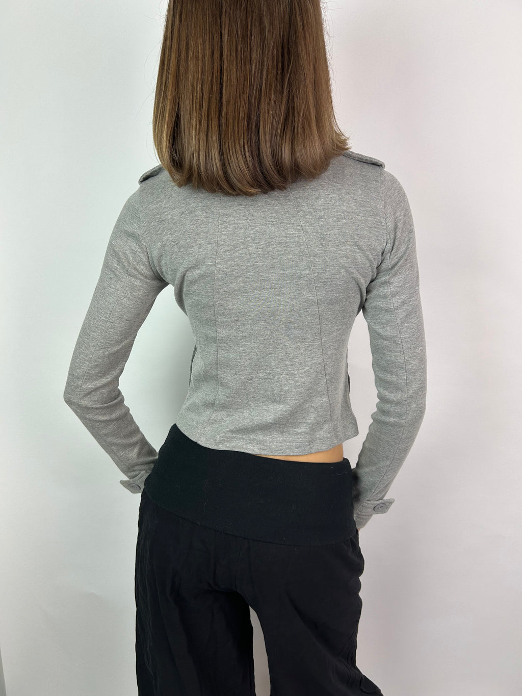 Grey Double Breasted Jacket with Asymmetrical Ruffles