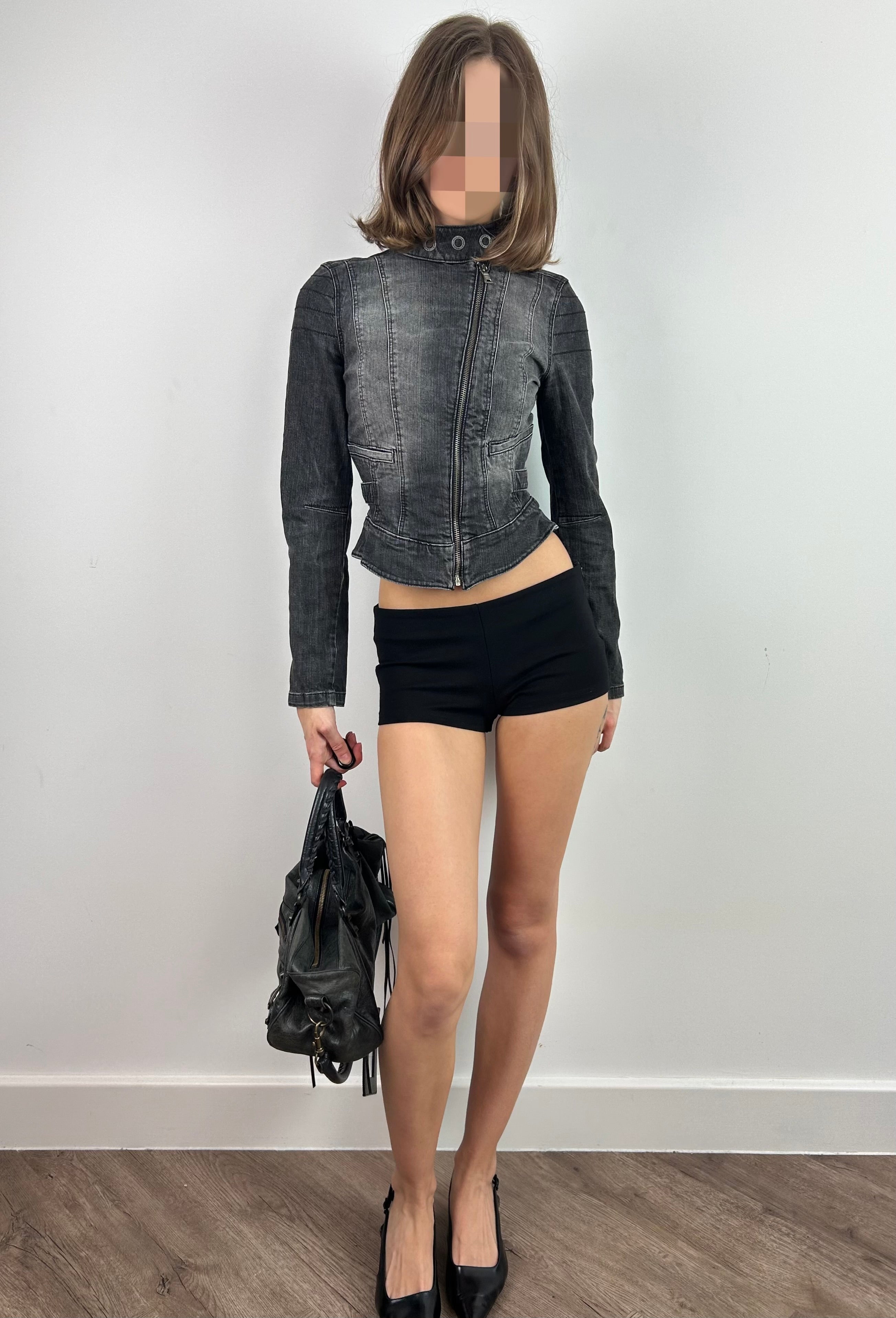 Grey Fitted Moto Denim Jacket