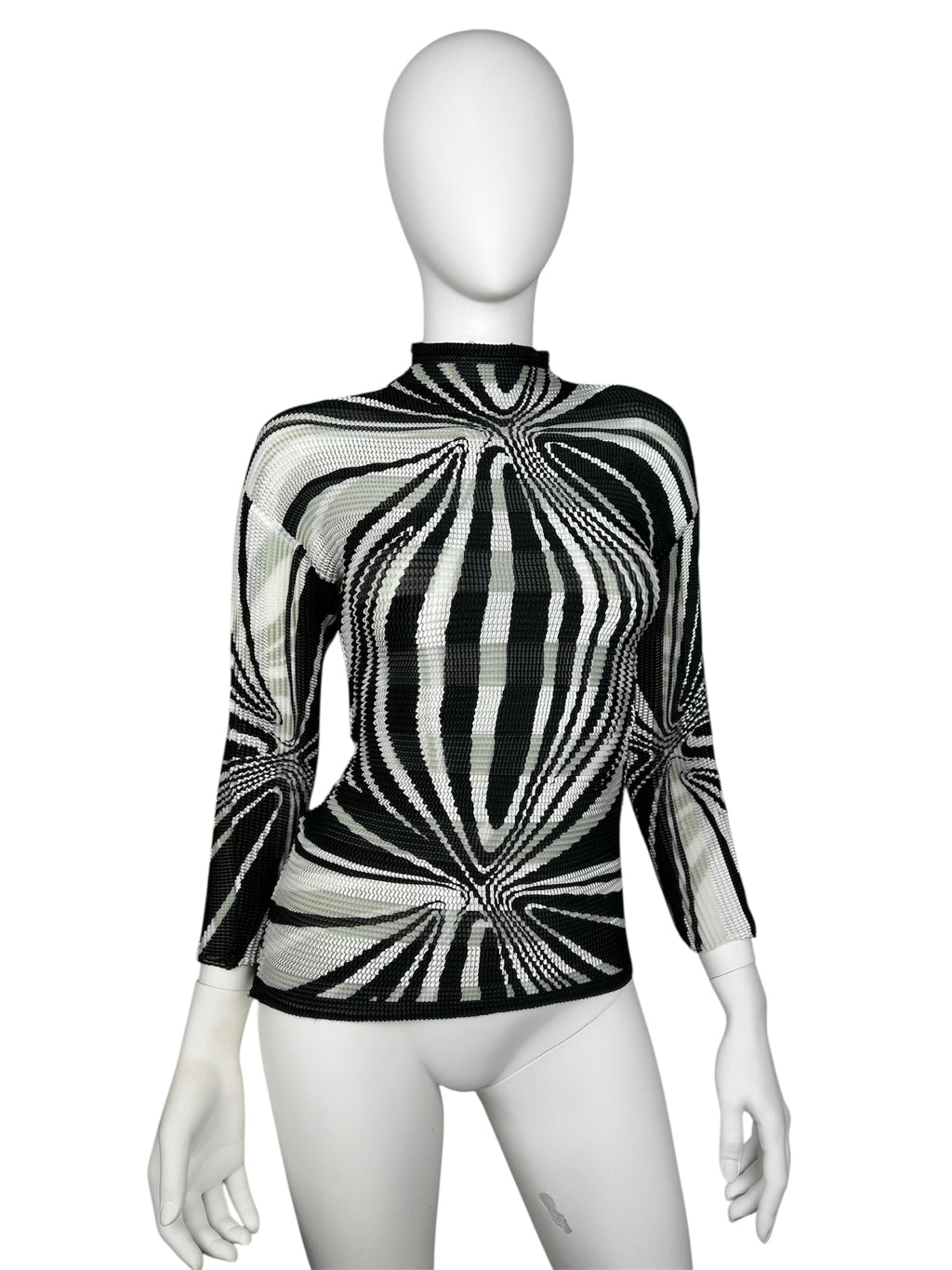 Crinkle Plisse Turtleneck Top with Geometric Print