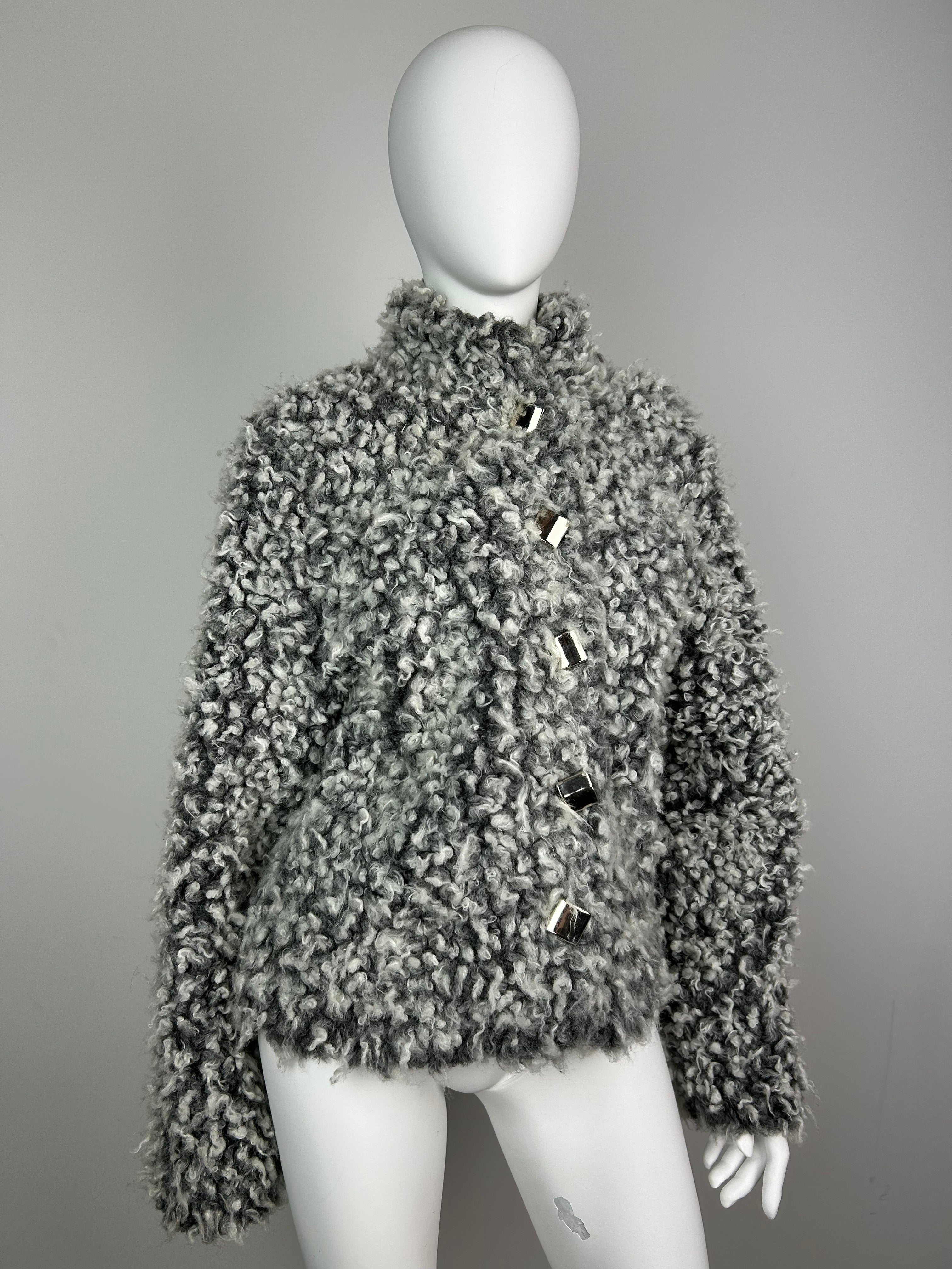 Faux Sheepskin Curled Fur Oversized Jacket with Big Metal Buttons