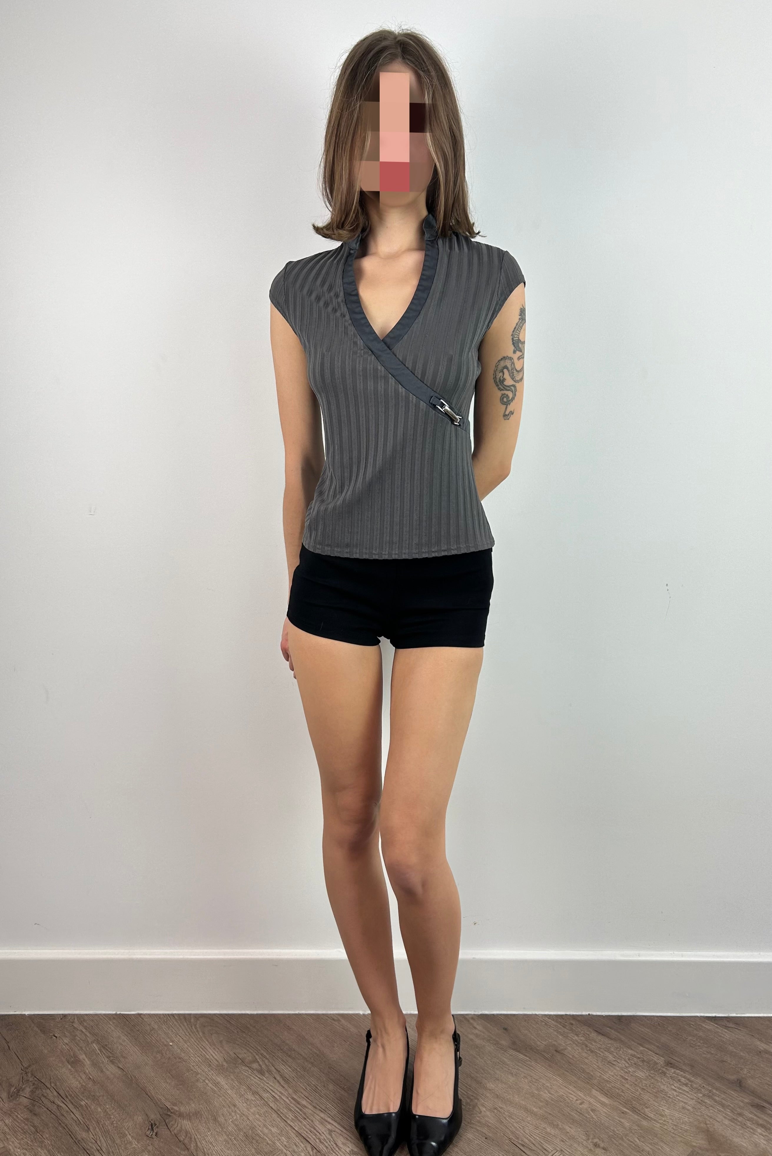 Grey Wrap Top with Metal Buckle