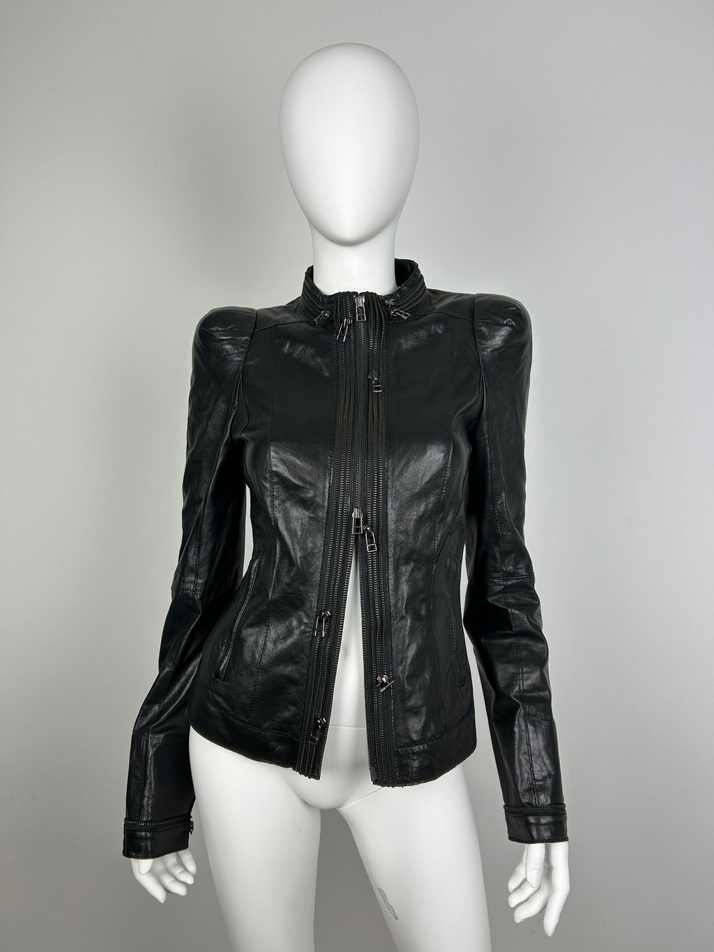 Real Leather Fitted Jacket with Decorative Zippers