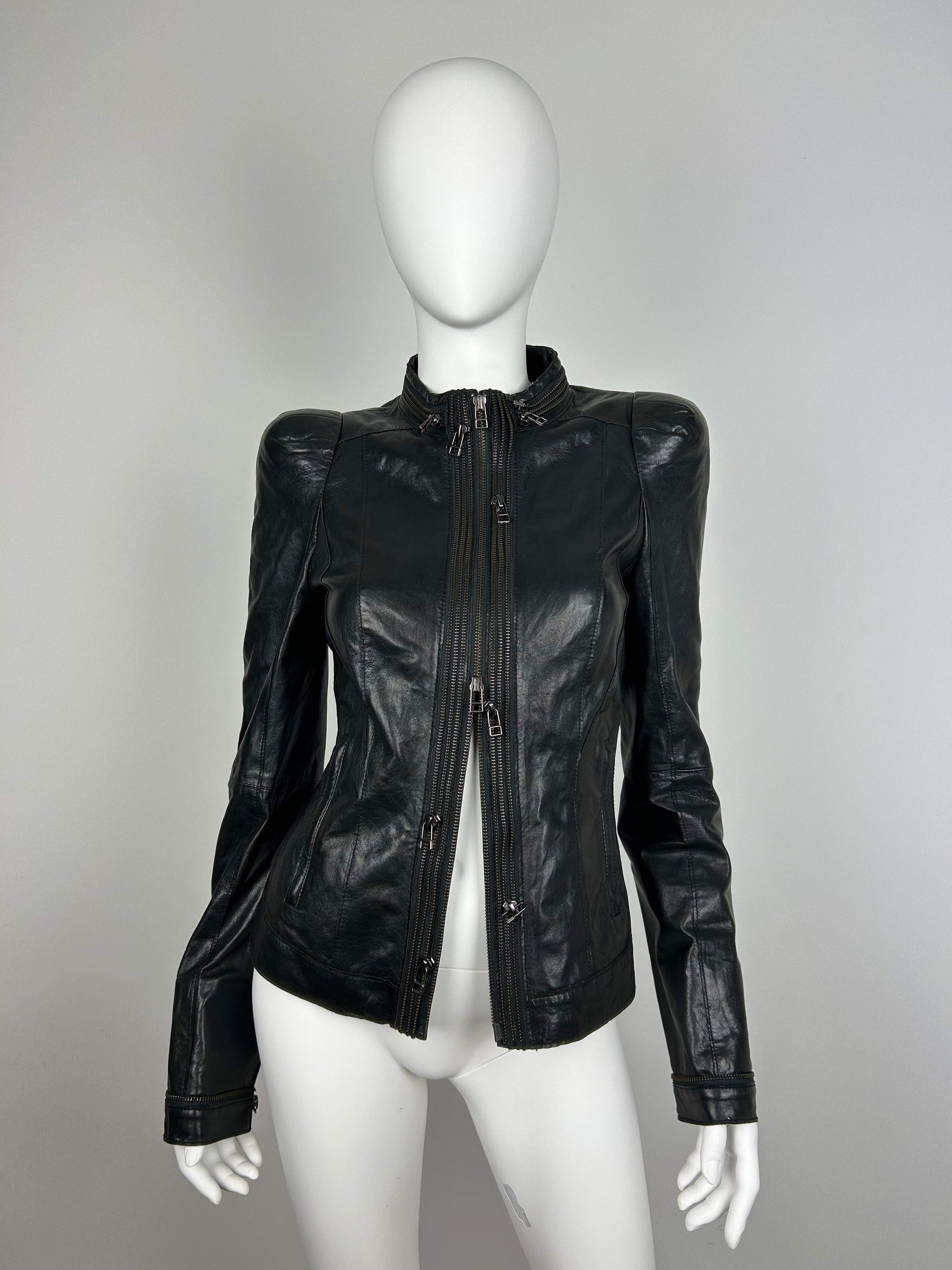 Real Leather Fitted Jacket with Decorative Zippers