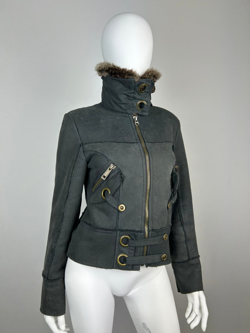 Faux Fur Fleece Bomber Jacket with Metal Details