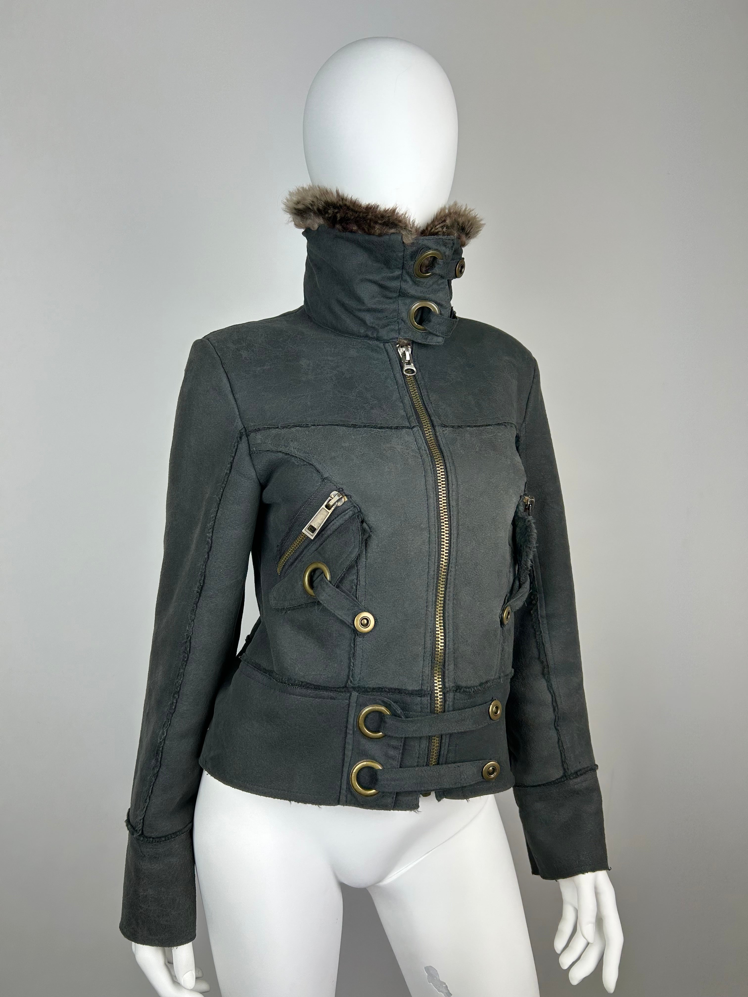 Faux Fur Fleece Bomber Jacket with Metal Details