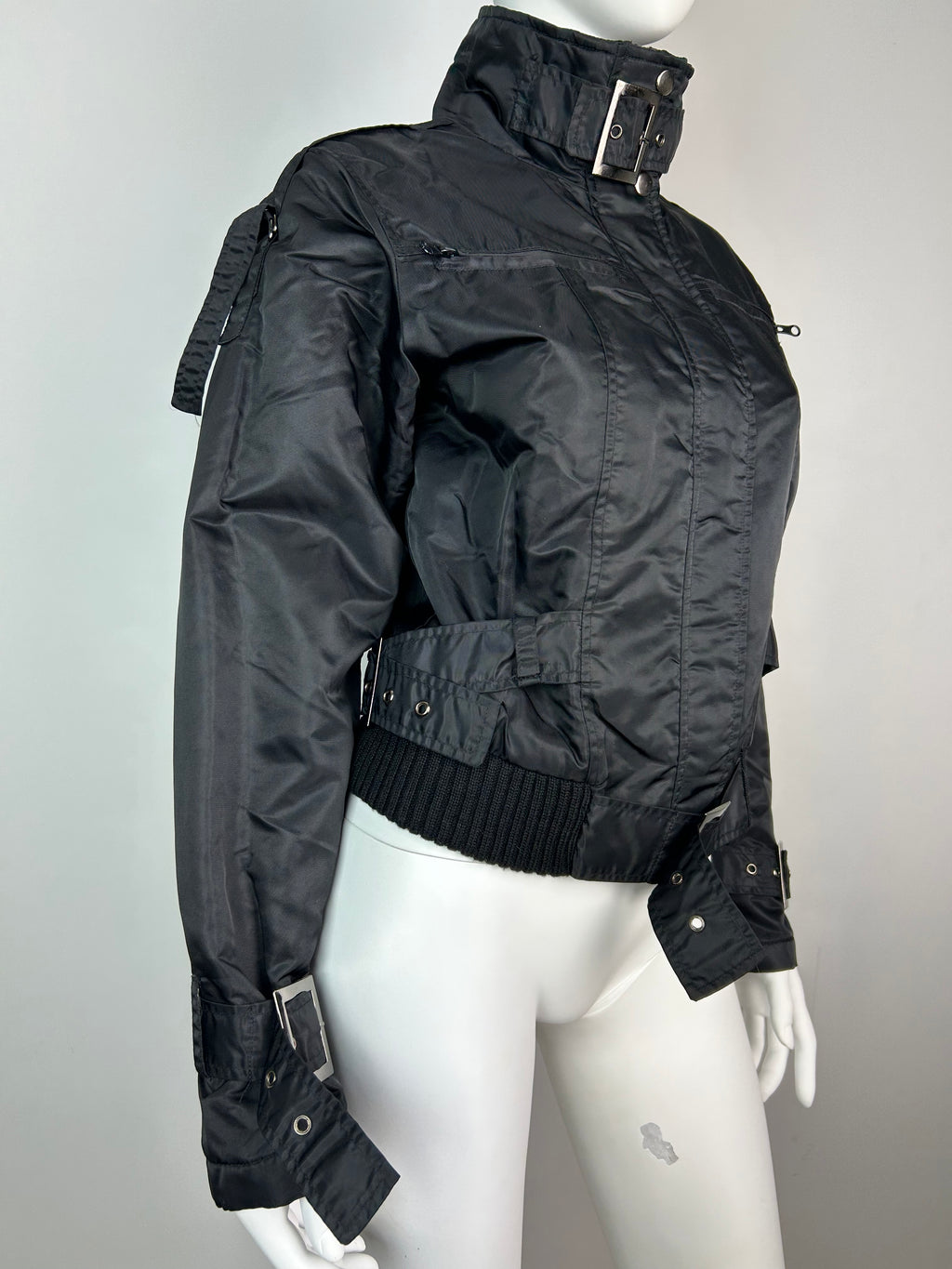 Cropped Bomber Jacket with Metal Details and Turtleneck Collar