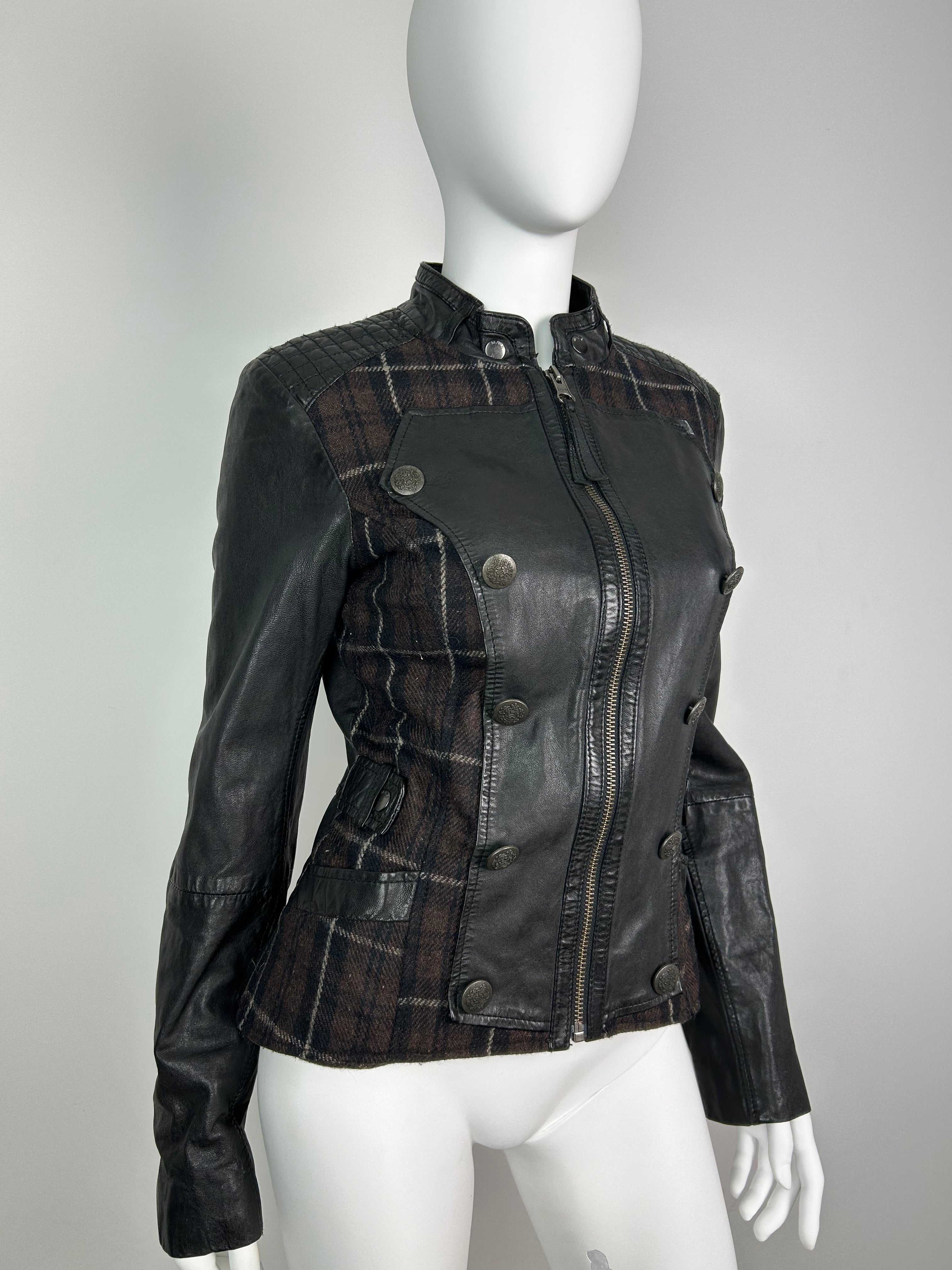 Real Leather Napoleon Jacket With Plaid Wool Details