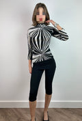 Abstract Plisse Turtleneck Top with 3/4 Sleeves