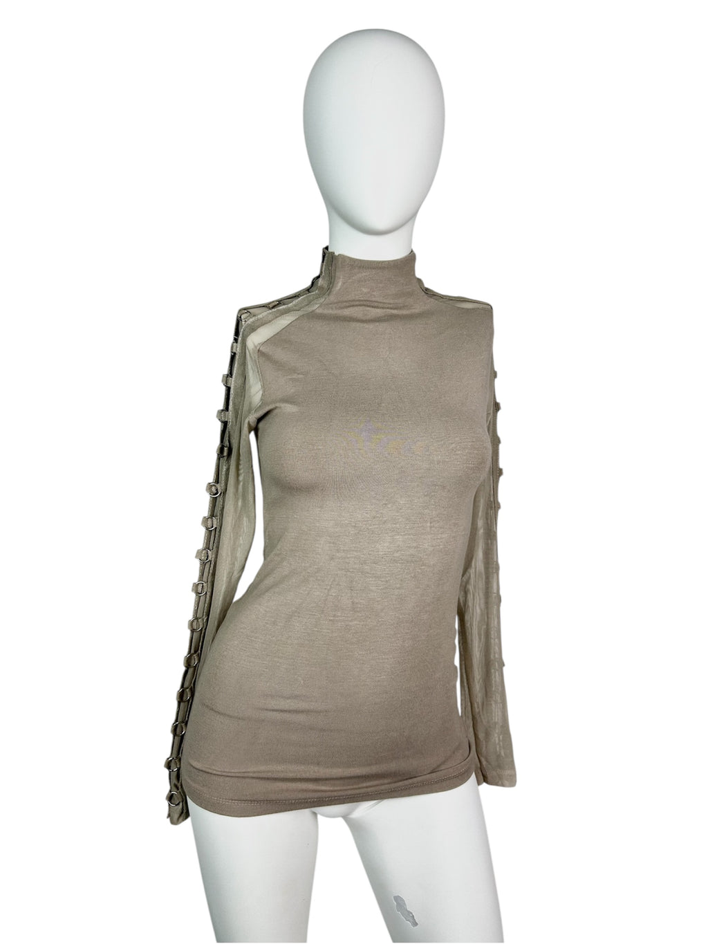 Turtleneck Top with Netting and Metal Details
