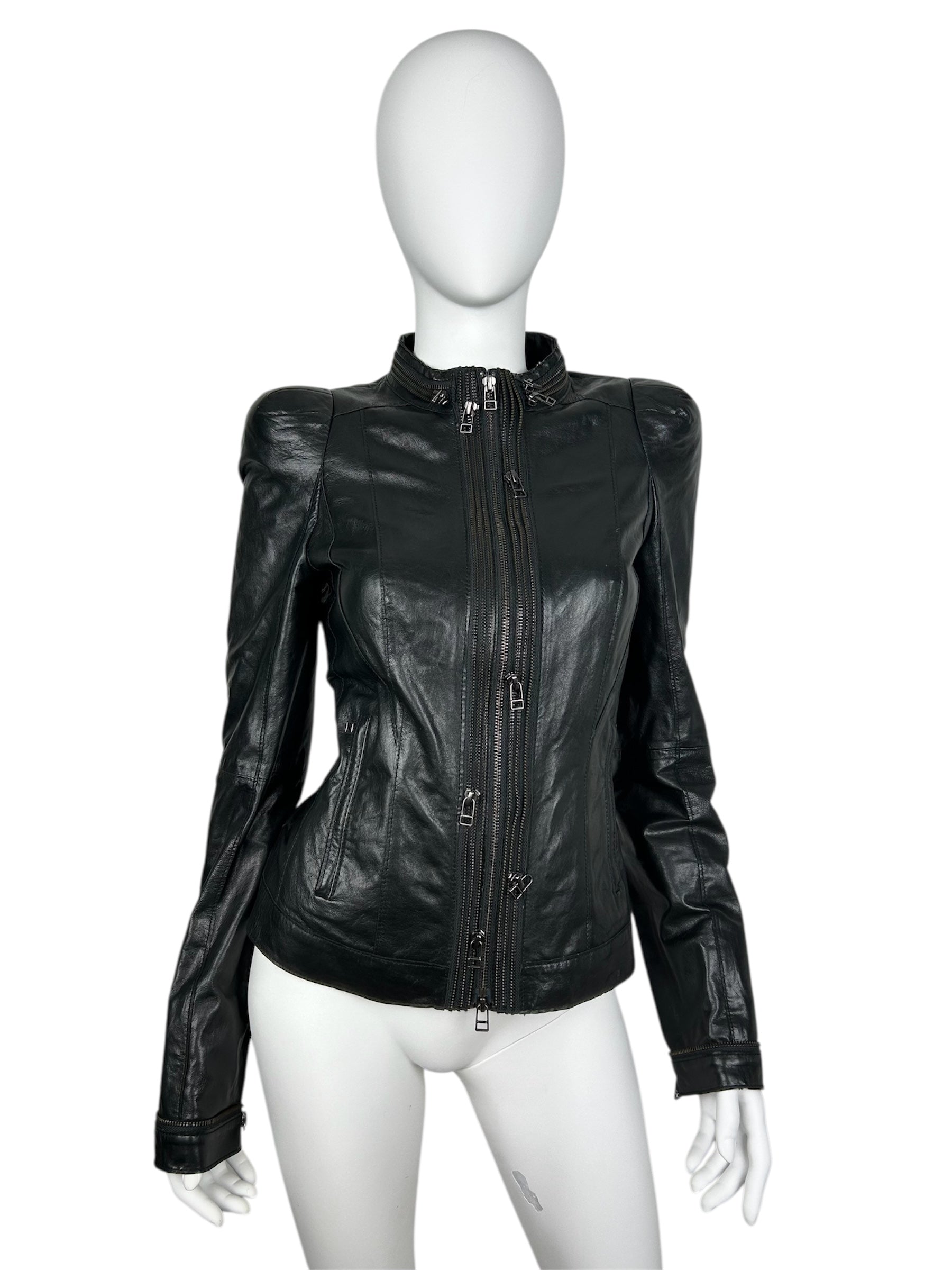 Real Leather Fitted Jacket with Decorative Zippers