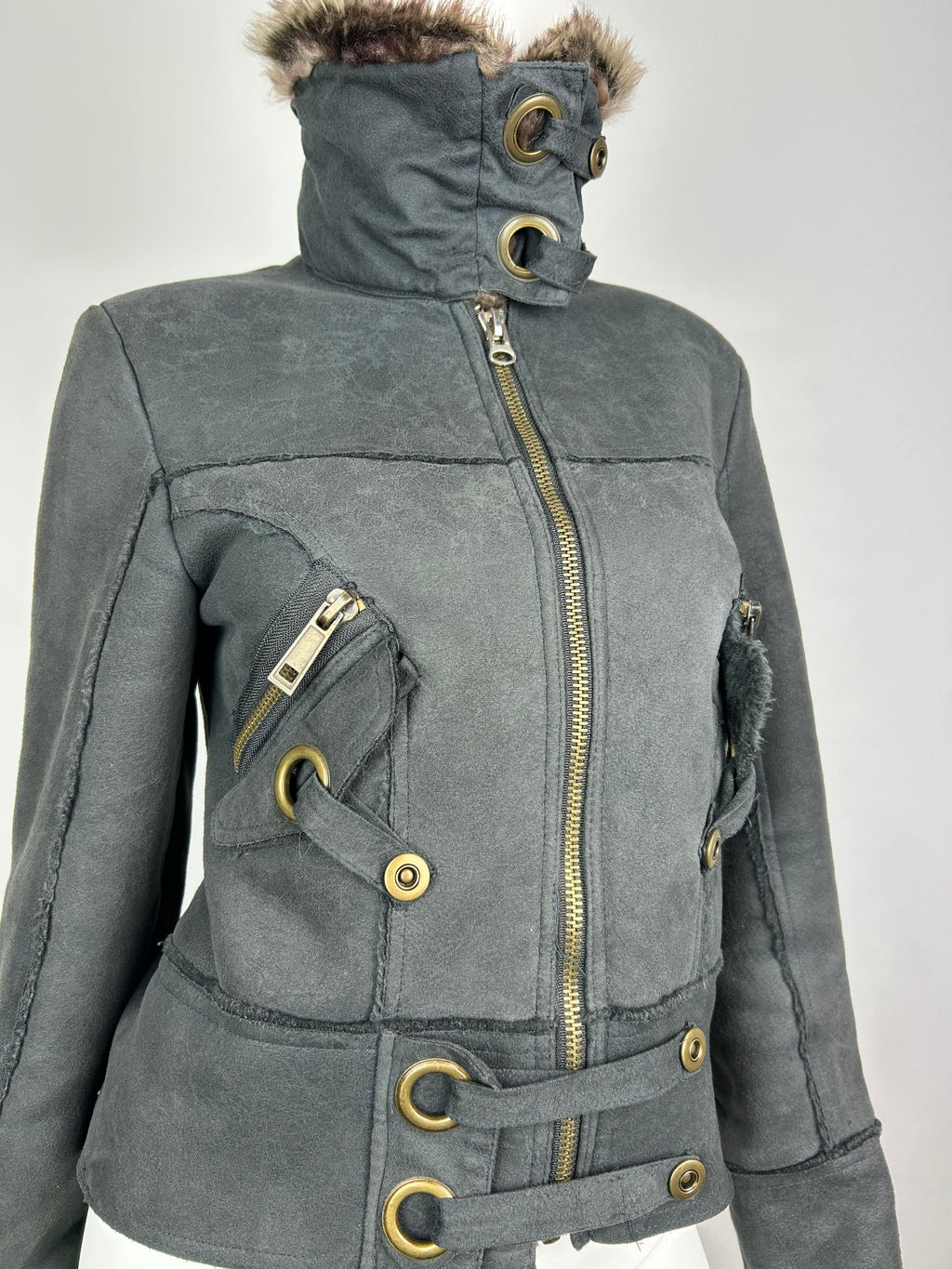 Faux Fur Fleece Bomber Jacket with Metal Details