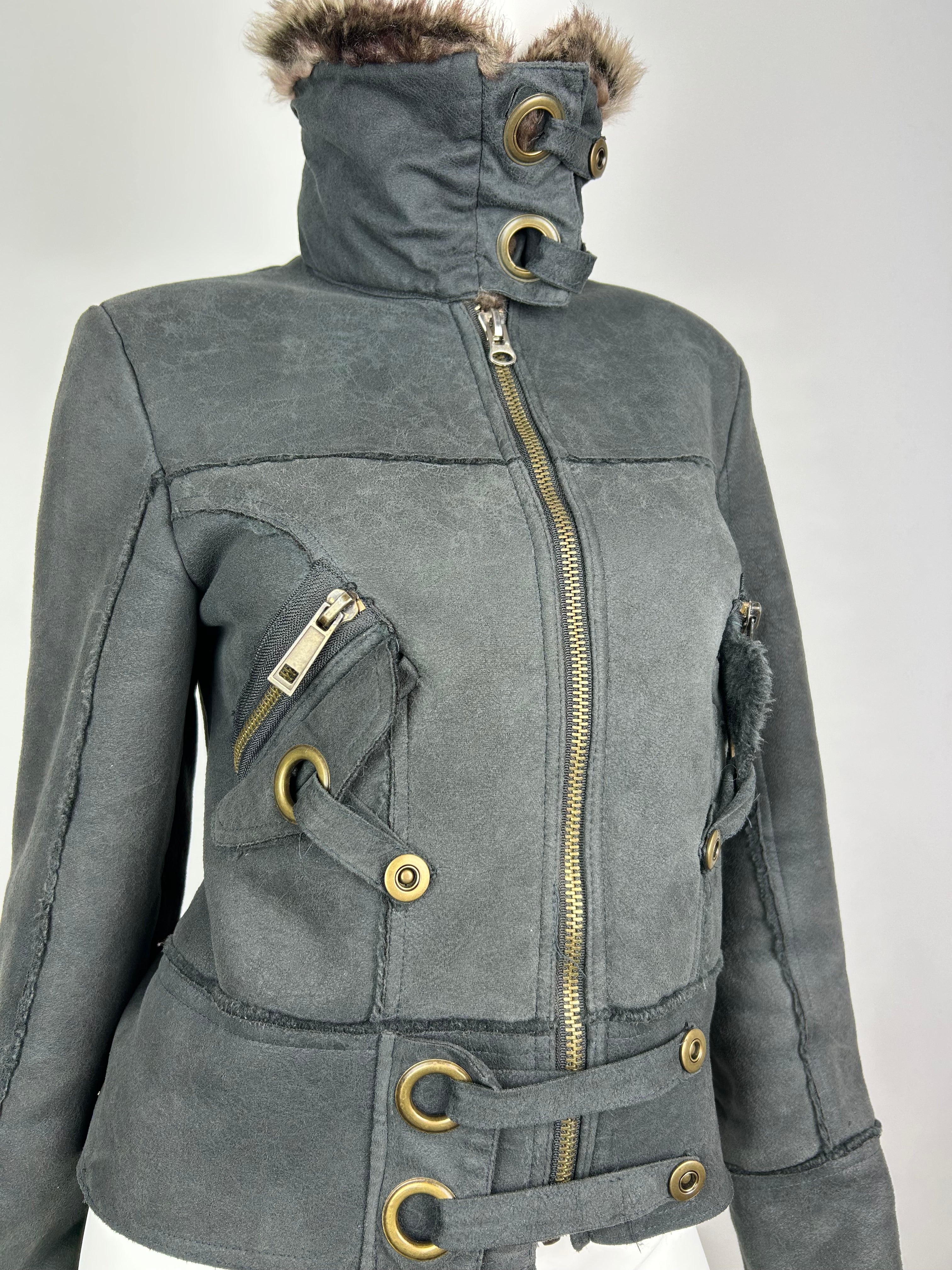 Faux Fur Fleece Bomber Jacket with Metal Details