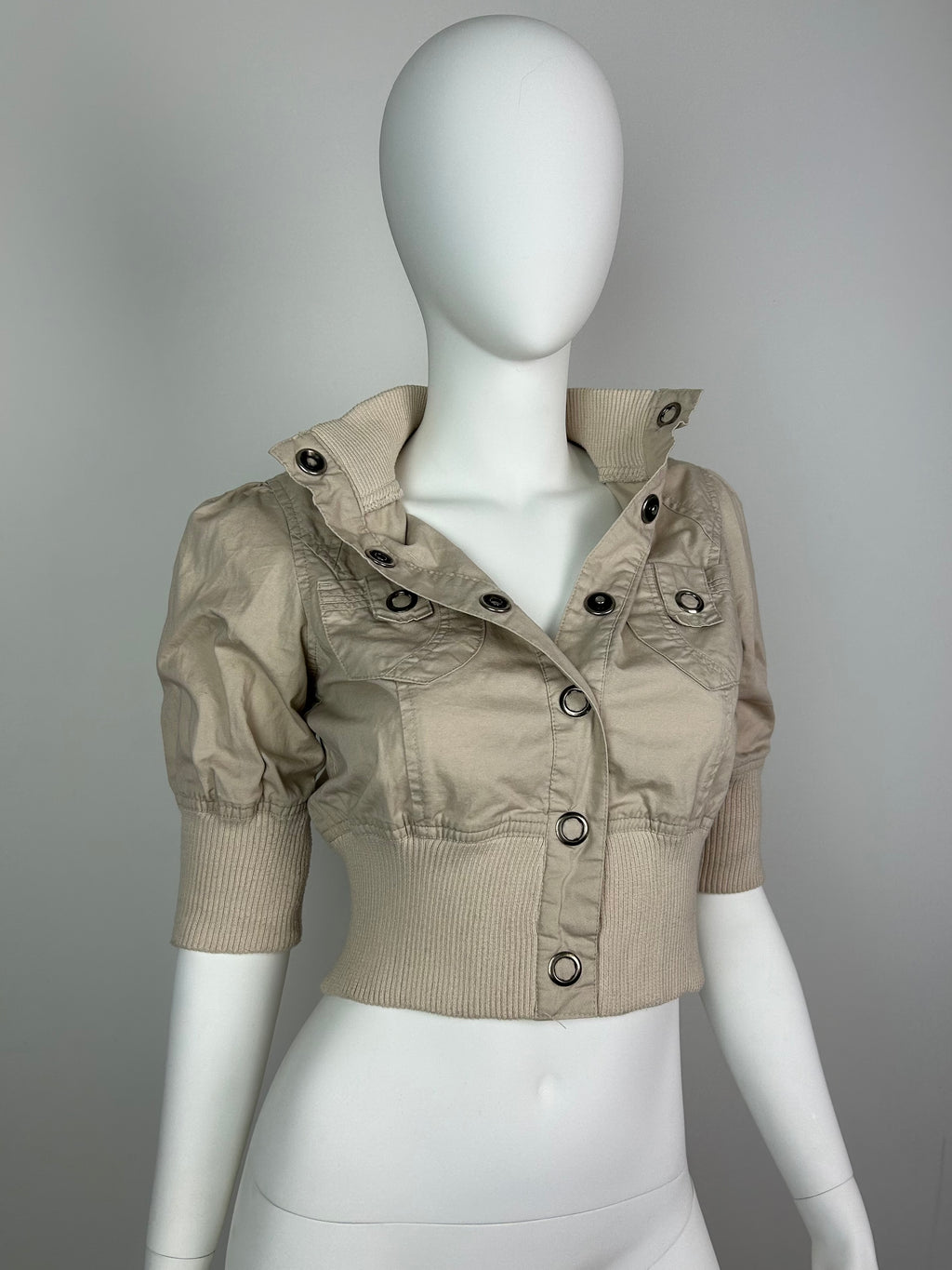 Cropped Straight Collar Jacket with 3/4 Sleeve and Metal Details