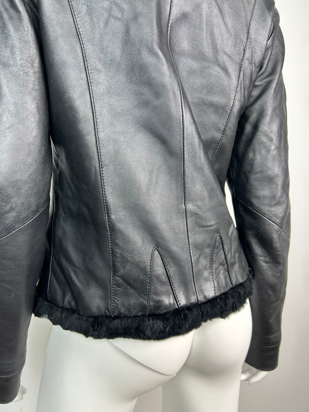 Black Real Leather Biker Jacket with Real Fur Details